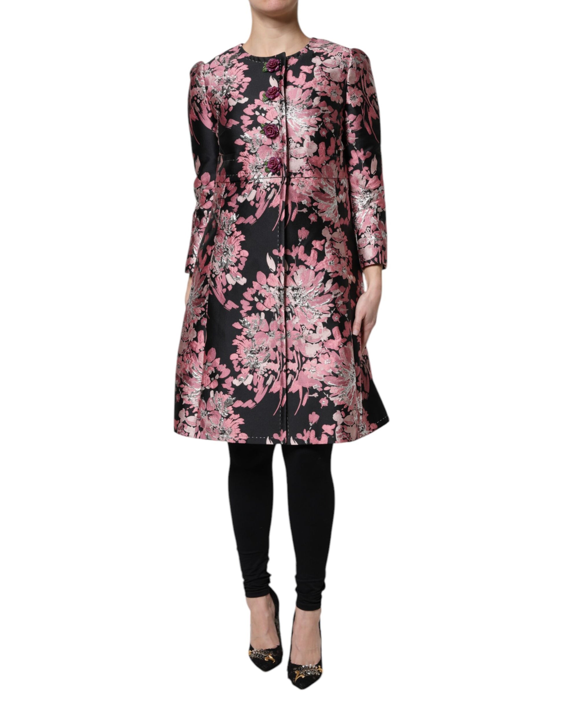 Dolce & Gabbana Pink Black Floral Brocade Trenchcoat Jacket - ACCEXO