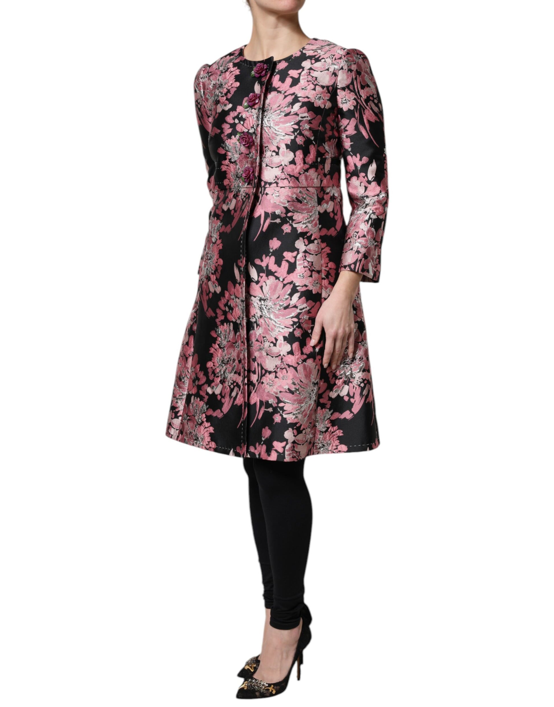 Dolce & Gabbana Pink Black Floral Brocade Trenchcoat Jacket - ACCEXO
