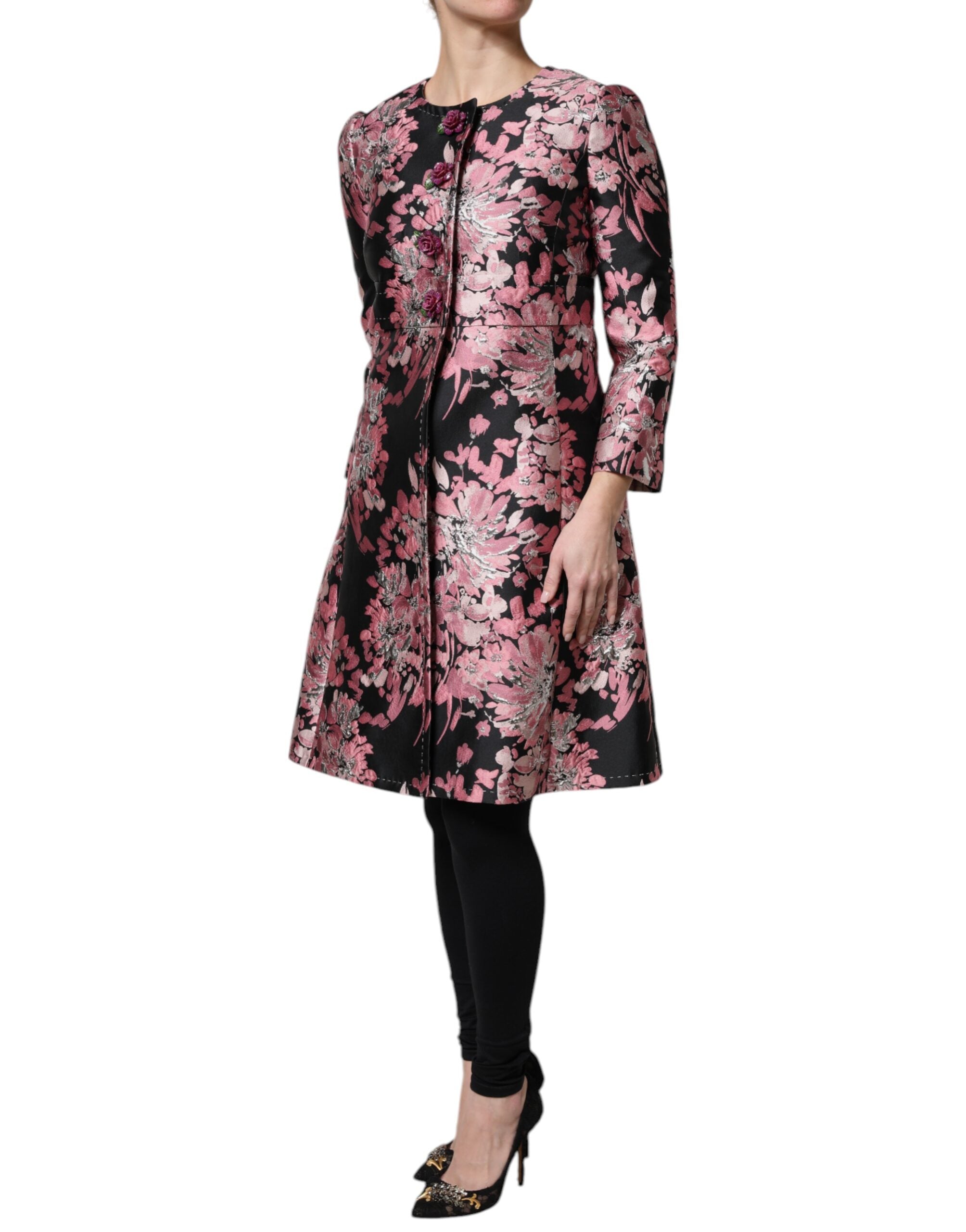 Dolce & Gabbana Pink Black Floral Brocade Trenchcoat Jacket - ACCEXO
