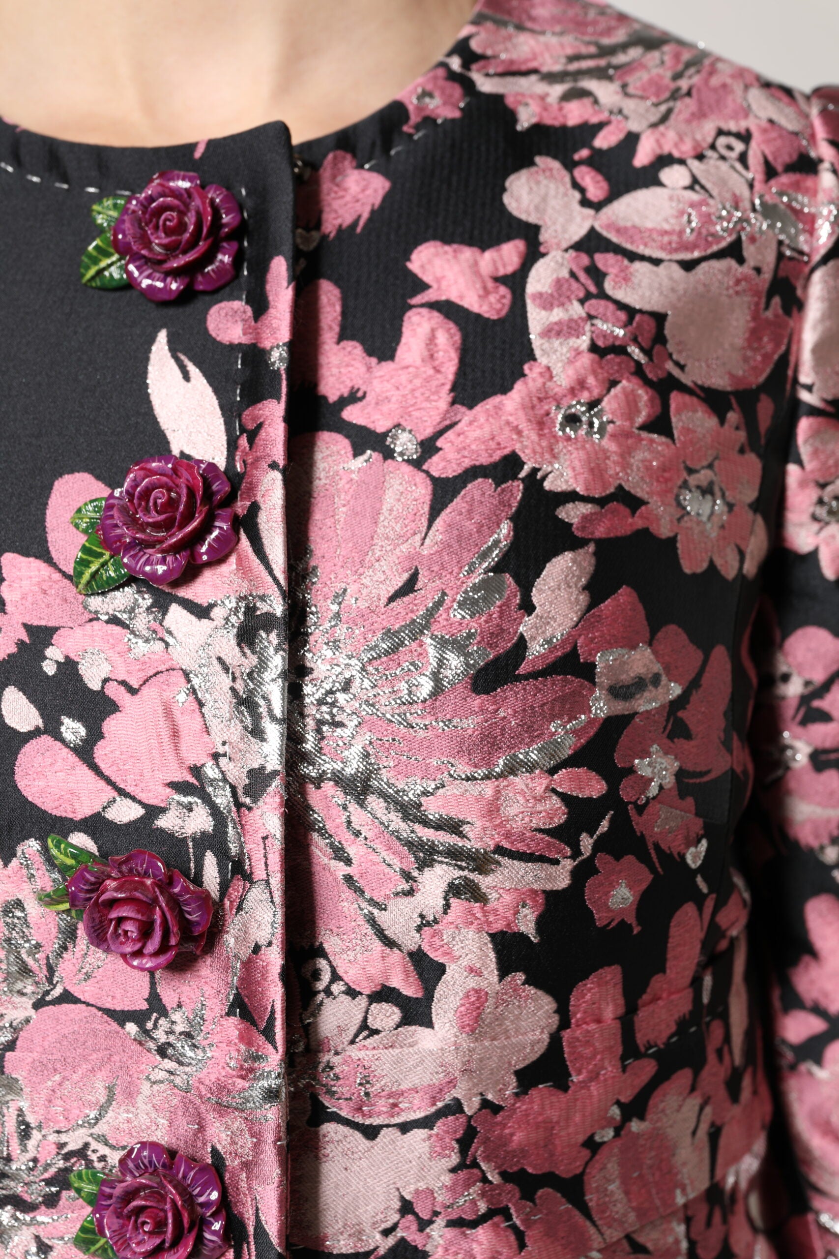 Dolce & Gabbana Pink Black Floral Brocade Trenchcoat Jacket - ACCEXO