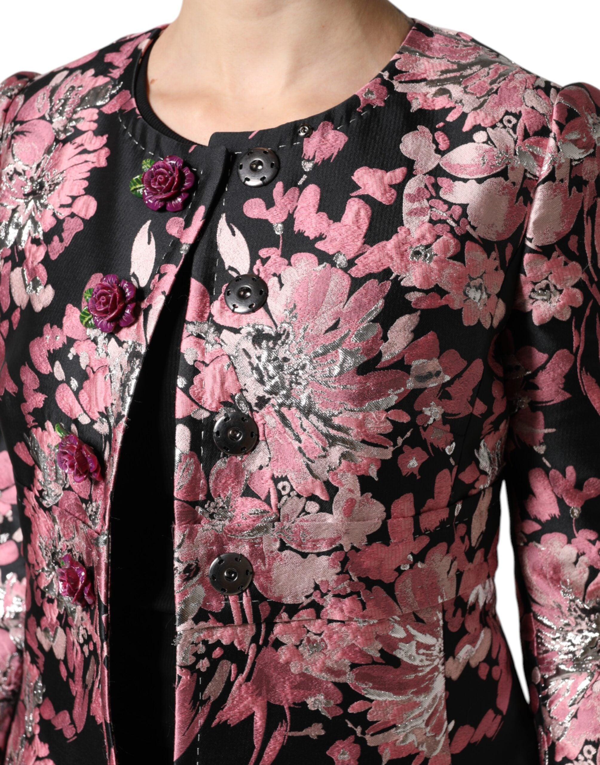 Dolce & Gabbana Pink Black Floral Brocade Trenchcoat Jacket - ACCEXO