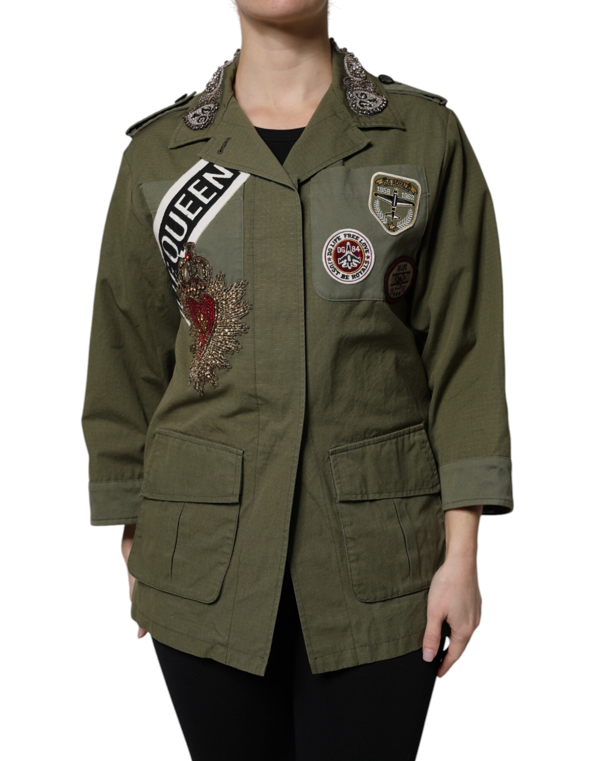Dolce & Gabbana Military Green Queen Embellished Coat Jacket for Women