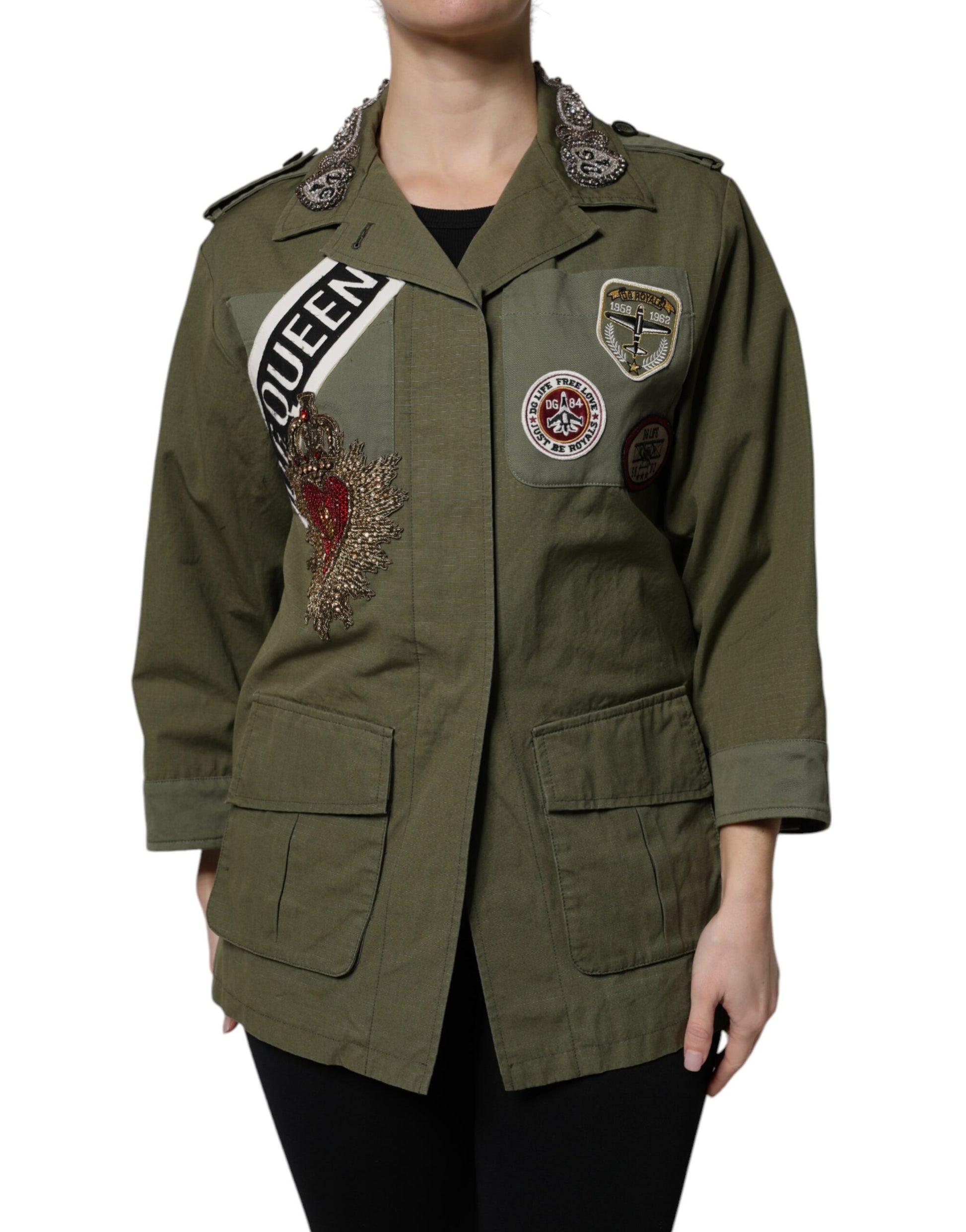 Dolce & Gabbana Military Green Queen Embellished Coat Jacket - ACCEXO