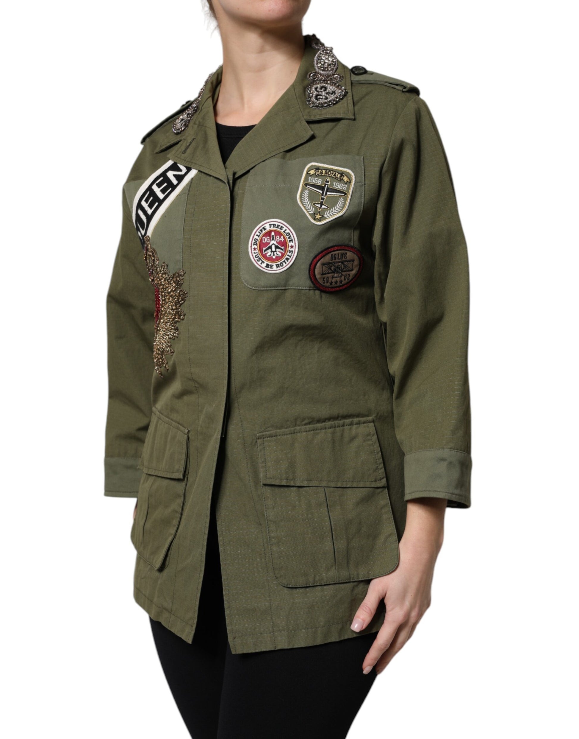 Dolce & Gabbana Military Green Queen Embellished Coat Jacket - ACCEXO