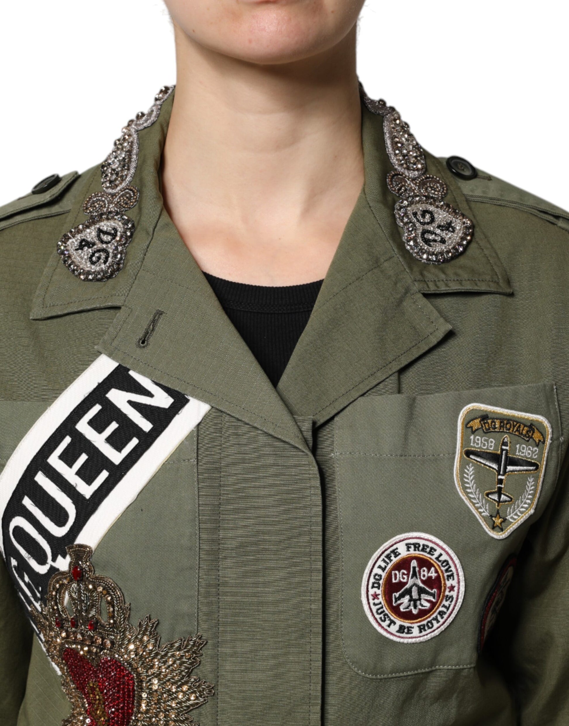 Dolce & Gabbana Military Green Queen Embellished Coat Jacket - ACCEXO