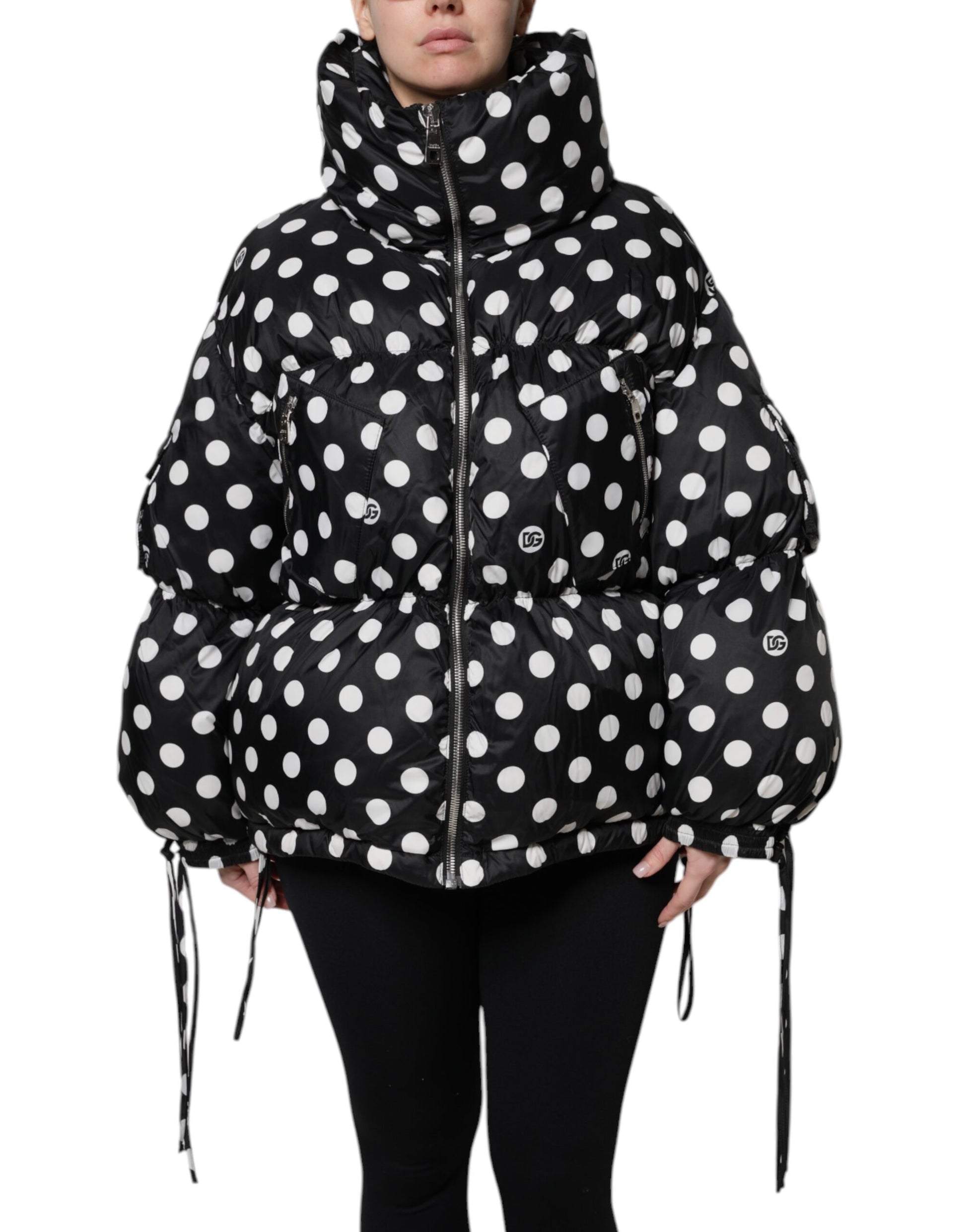 Dolce & Gabbana Black White Polka Dot Full Zip Puffer Jacket - ACCEXO