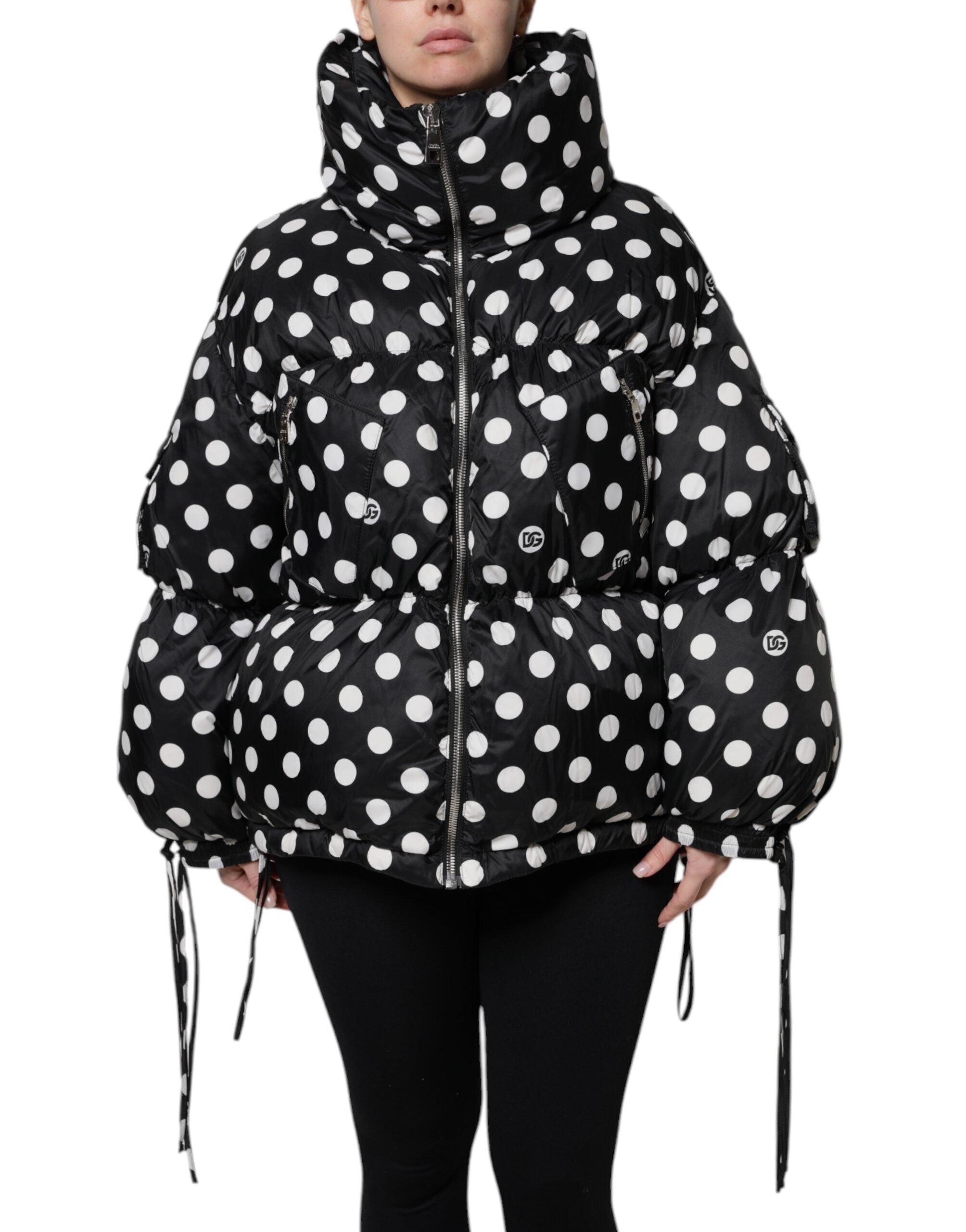 Dolce & Gabbana Black White Polka Dot Full Zip Puffer Jacket for Women