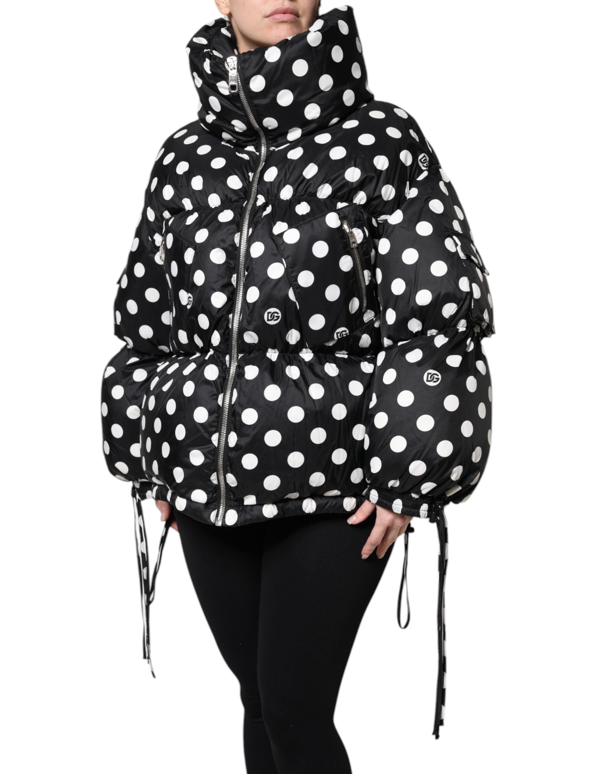 Dolce & Gabbana Black White Polka Dot Full Zip Puffer Jacket - ACCEXO