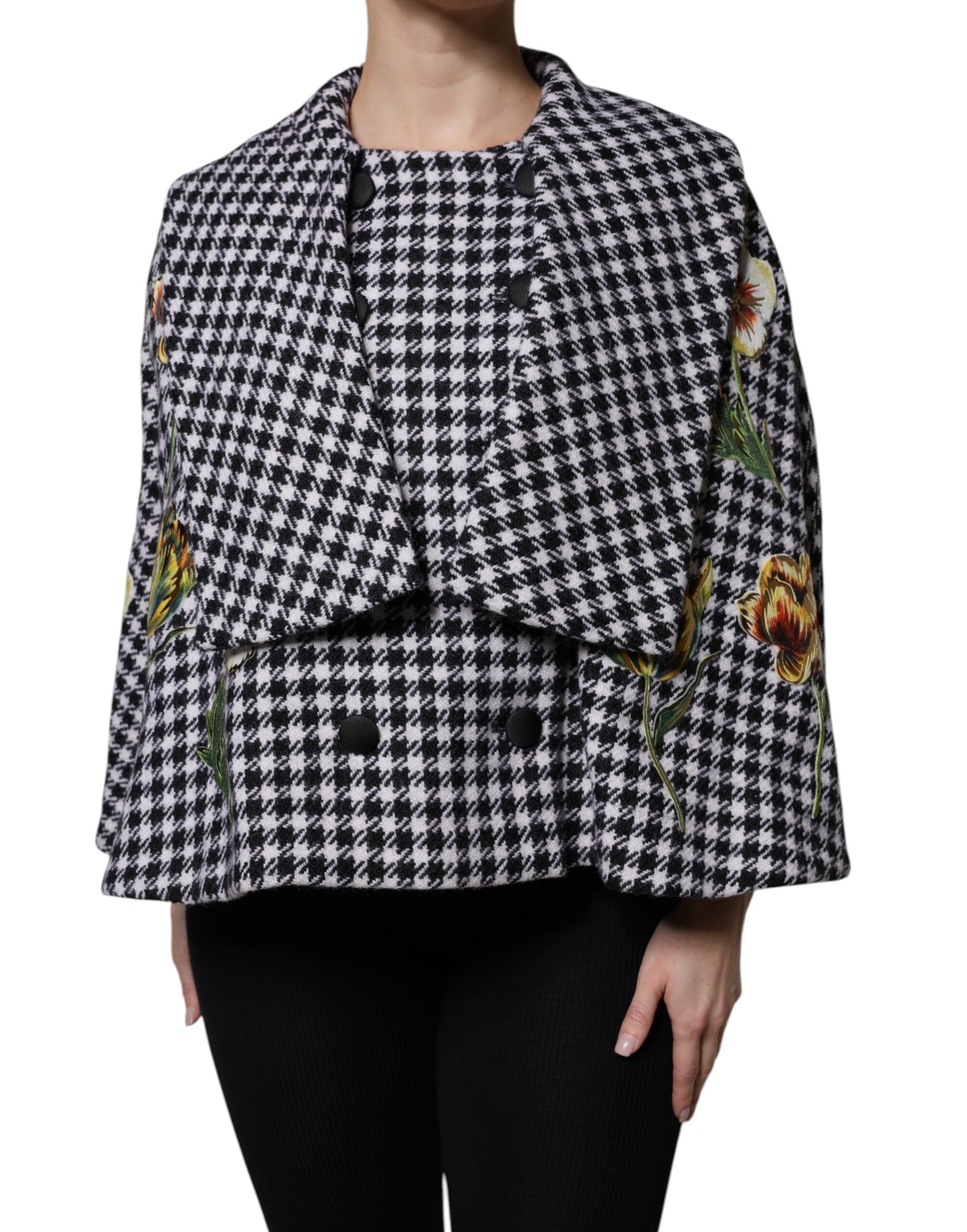 Dolce & Gabbana Black White Monochrome Patterned Floral Cape Jacket - ACCEXO