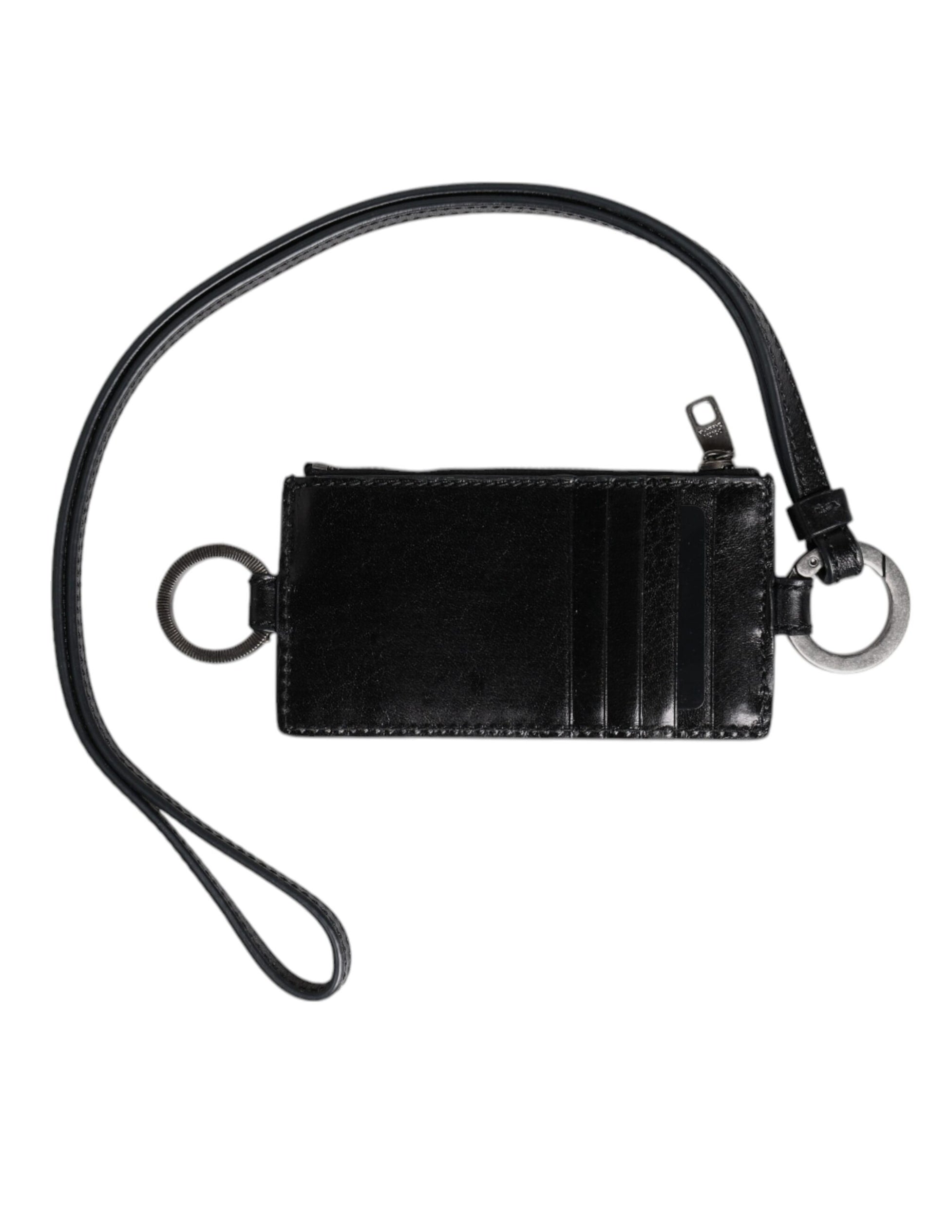 Dolce & Gabbana Black Leather Logo Embossed Lanyard Card Holder Wallet - ACCEXO