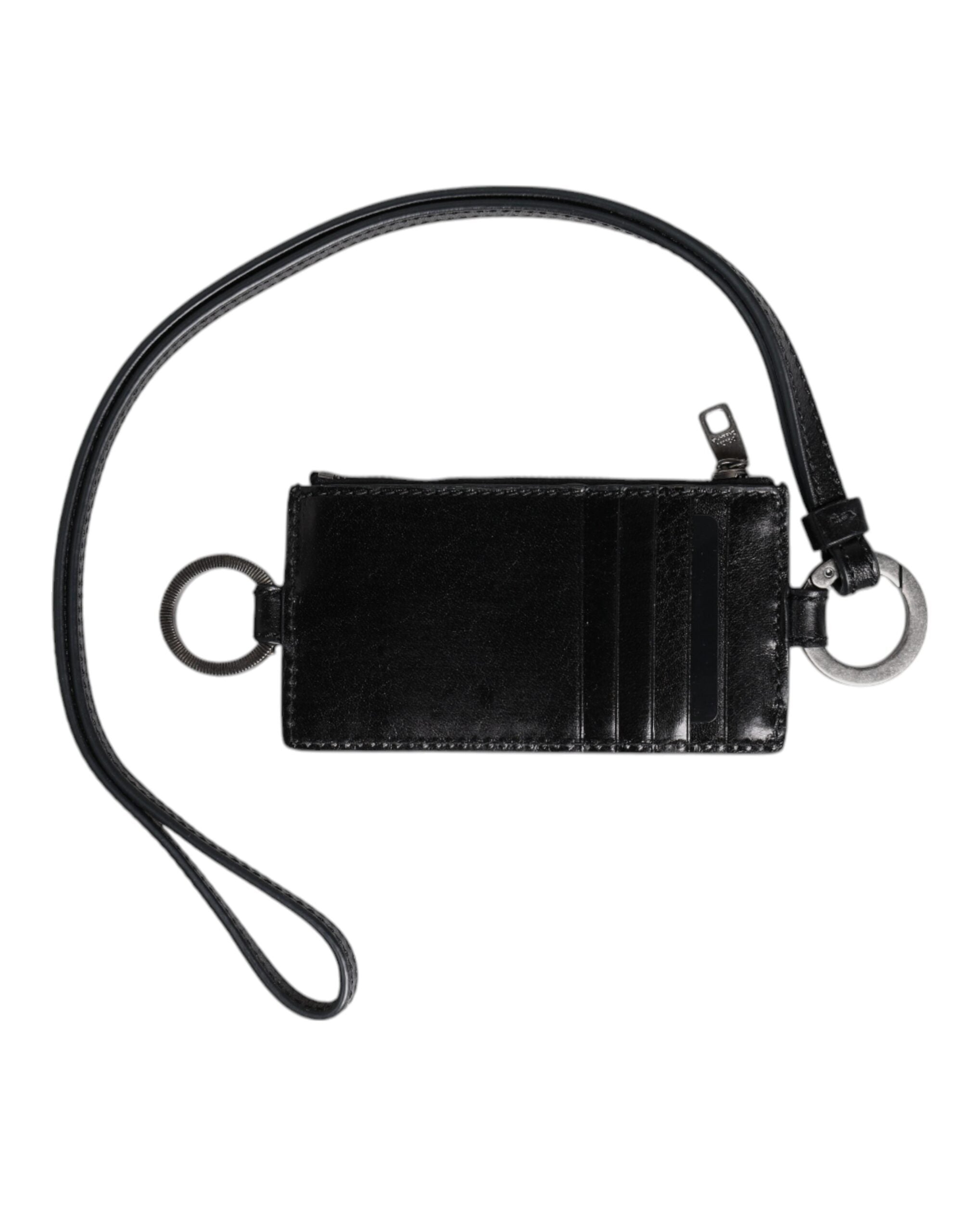 Dolce & Gabbana Black Leather Logo Embossed Lanyard Card Holder Wallet for Men