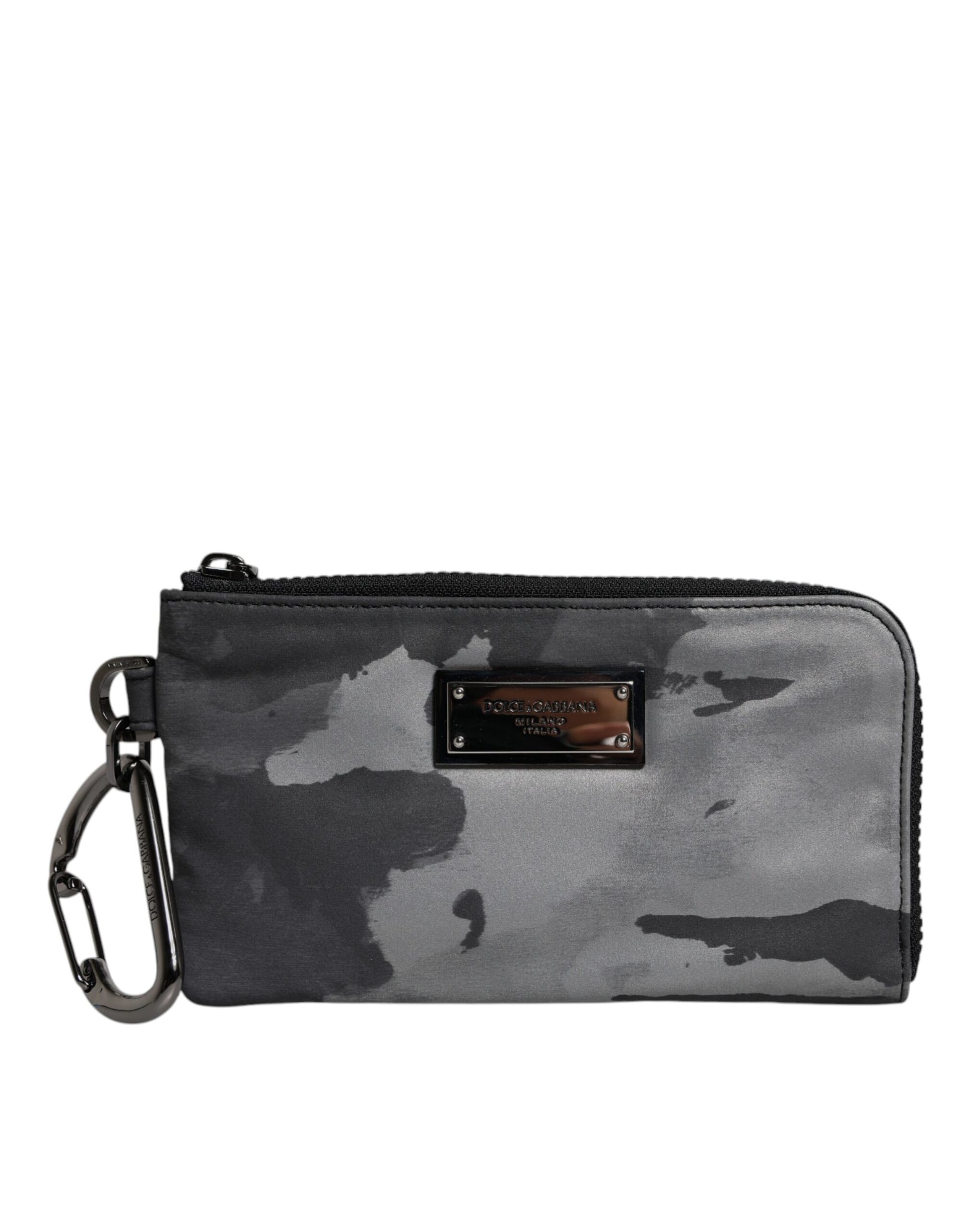 Dolce & Gabbana Black Gray Camouflage Logo Plaque Keyring Pouch Bag - ACCEXO