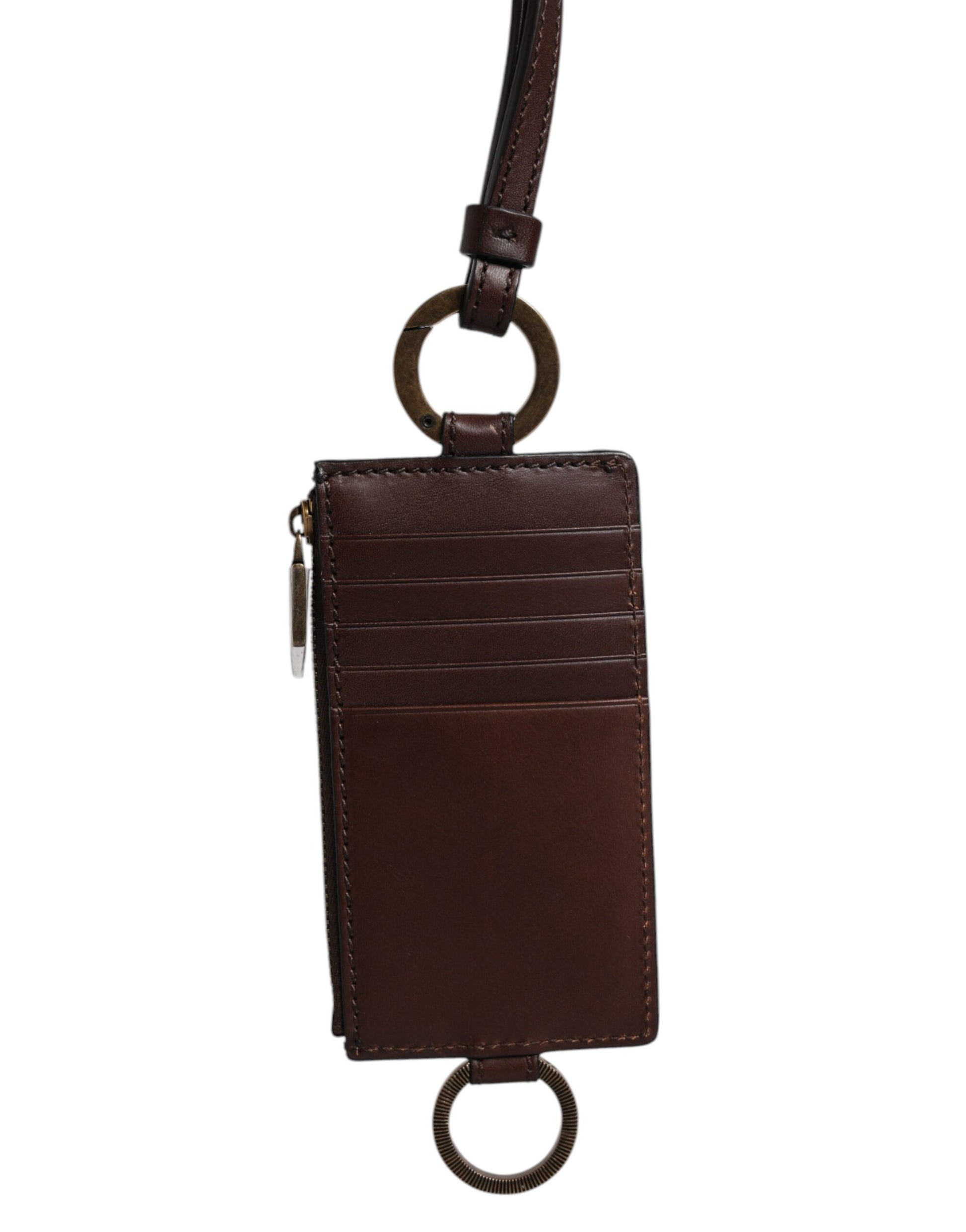 Dolce & Gabbana Brown Calf Leather Lanyard Logo Card Holder Wallet - ACCEXO