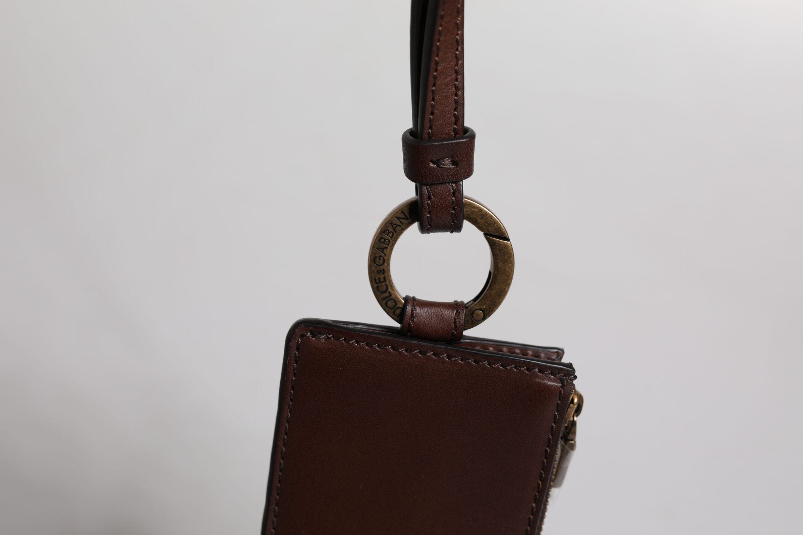 Dolce & Gabbana Brown Calf Leather Lanyard Logo Card Holder Wallet - ACCEXO