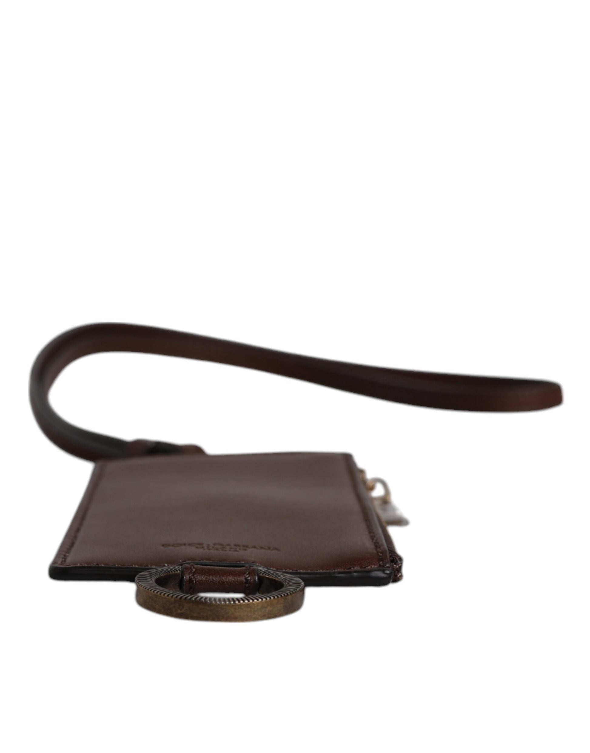 Dolce & Gabbana Brown Calf Leather Lanyard Logo Card Holder Wallet - ACCEXO