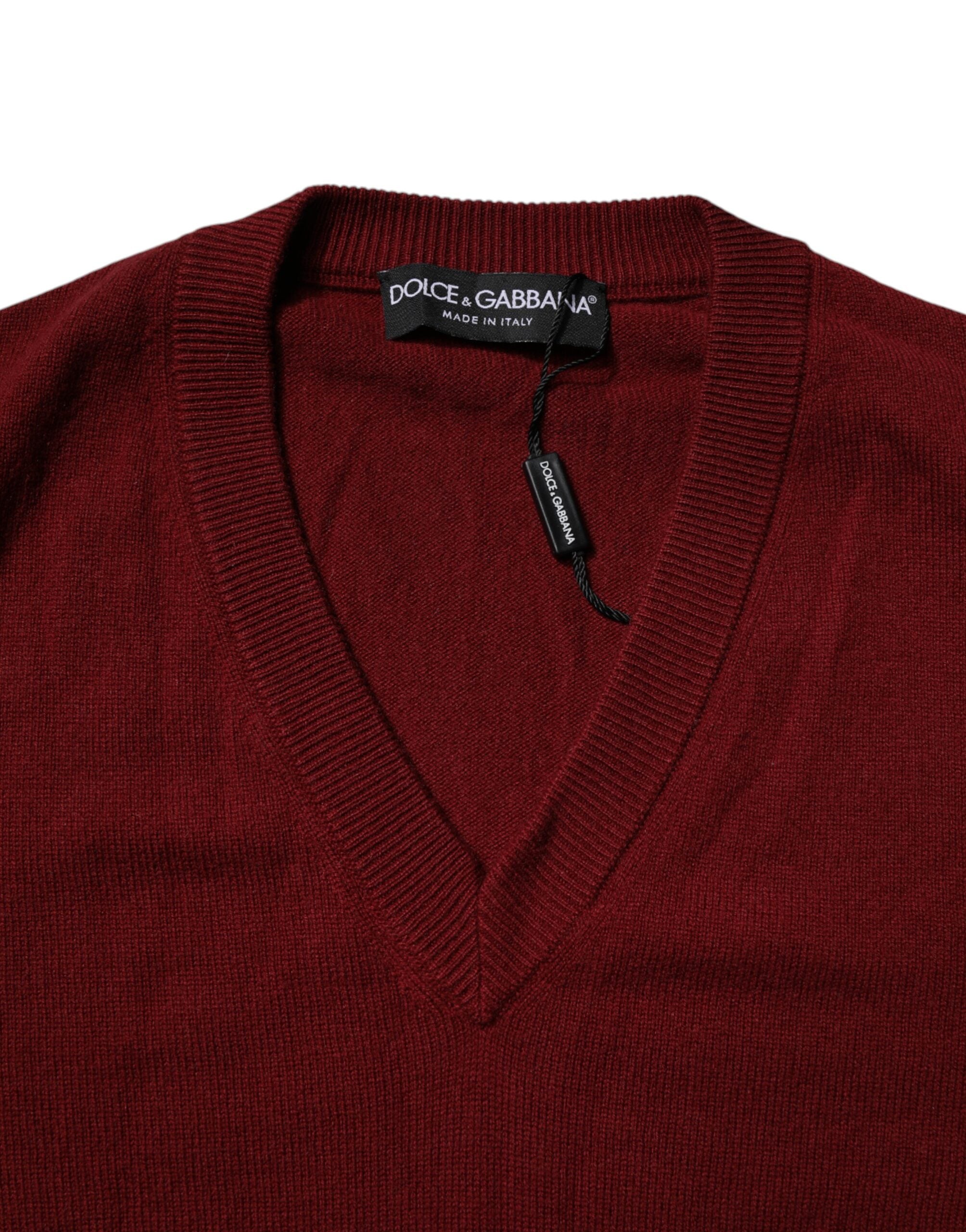 Dolce & Gabbana Maroon Cashmere V-neck Men Pullover Sweater - ACCEXO