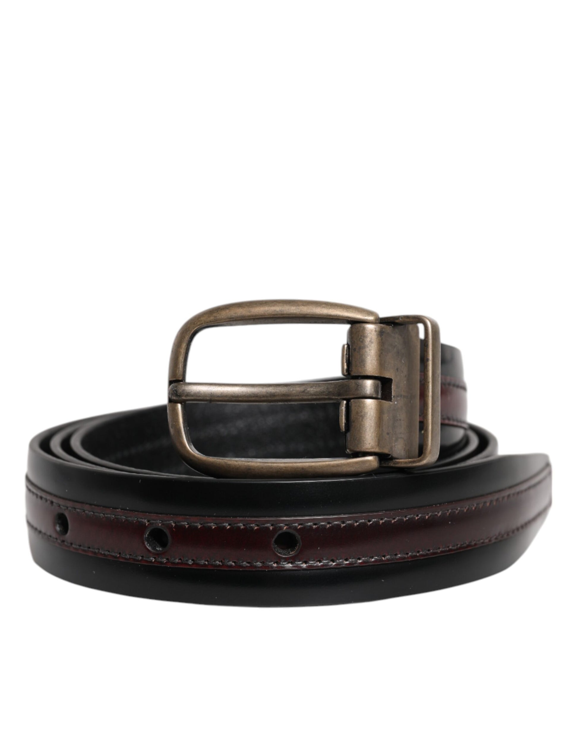 Dolce & Gabbana Black Burgundy Calfskin Metal Logo Buckle Belt - ACCEXO