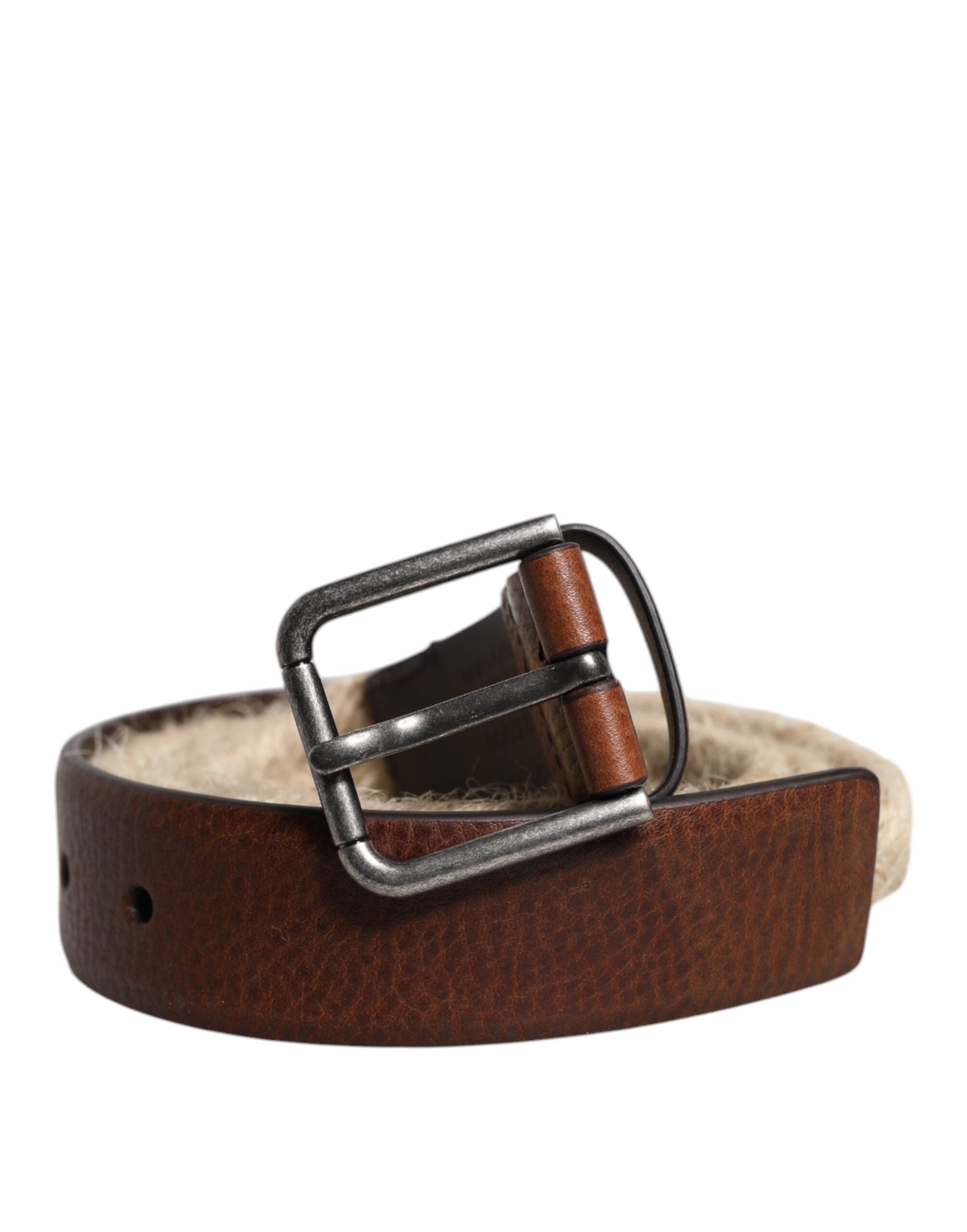 Dolce & Gabbana Brown Jute Leather Woven Metal Buckle Belt for Men