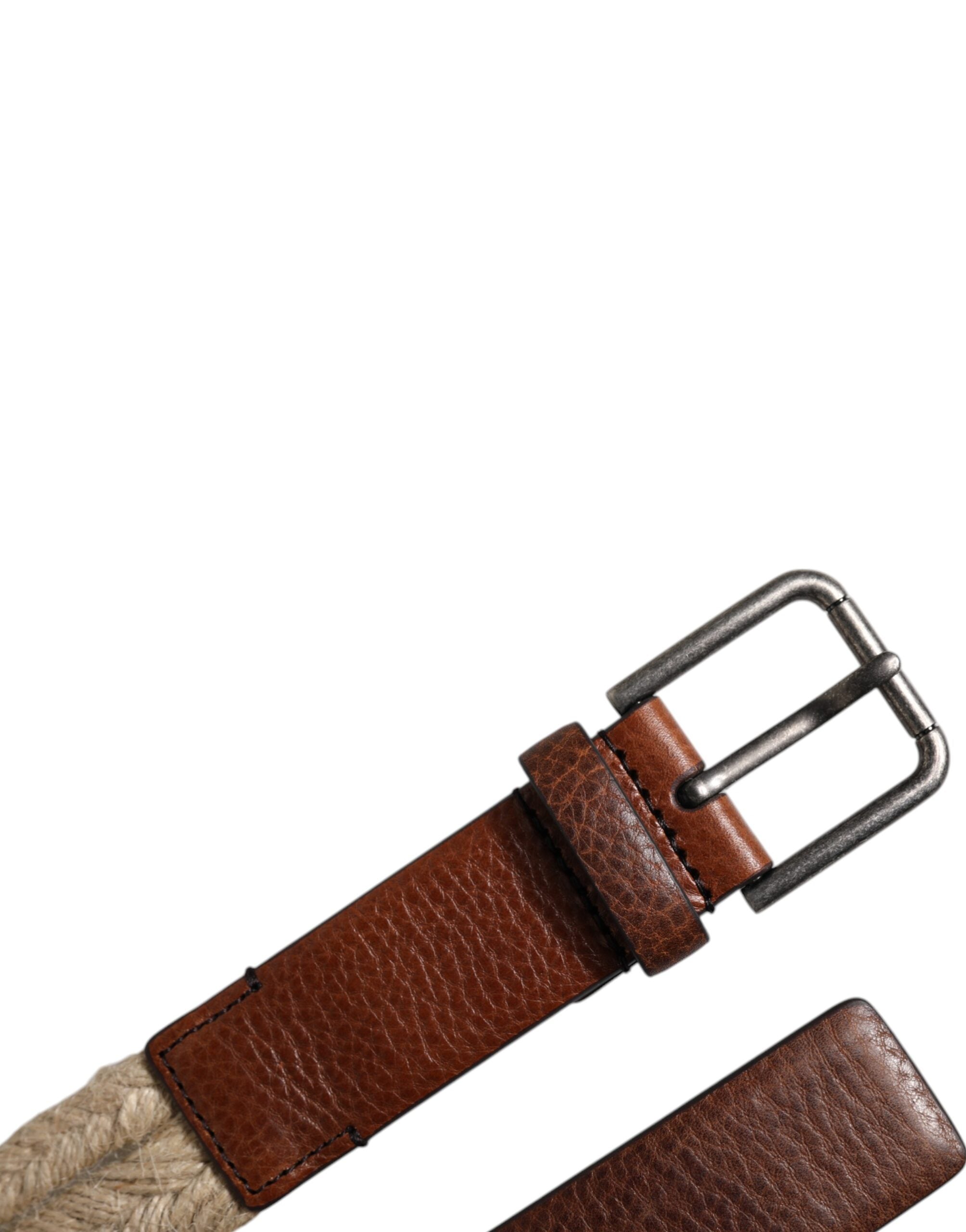 Dolce & Gabbana Brown Jute Leather Woven Metal Buckle Belt - ACCEXO
