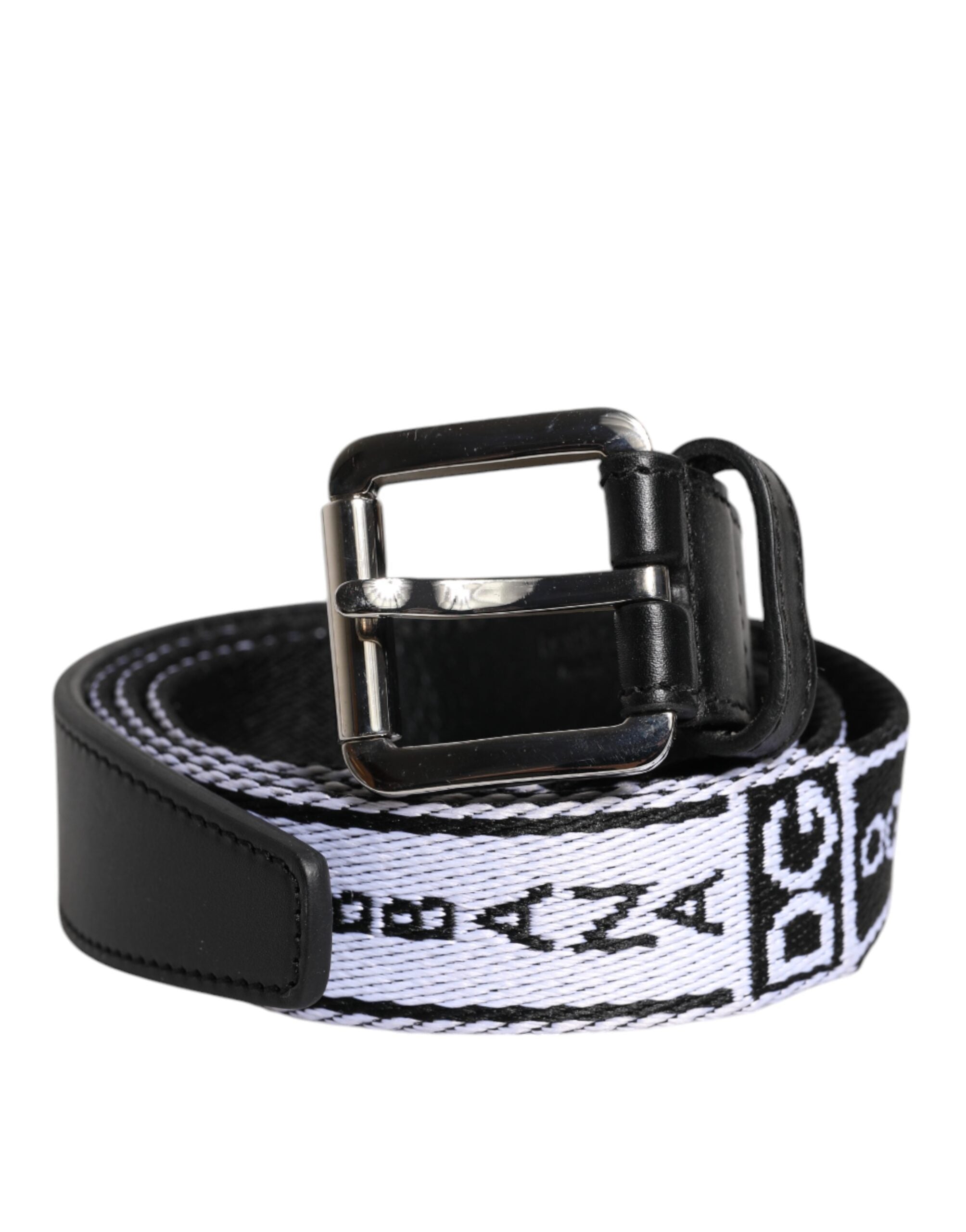 Dolce & Gabbana Black White Printed Metal Logo Buckle Belt for Men