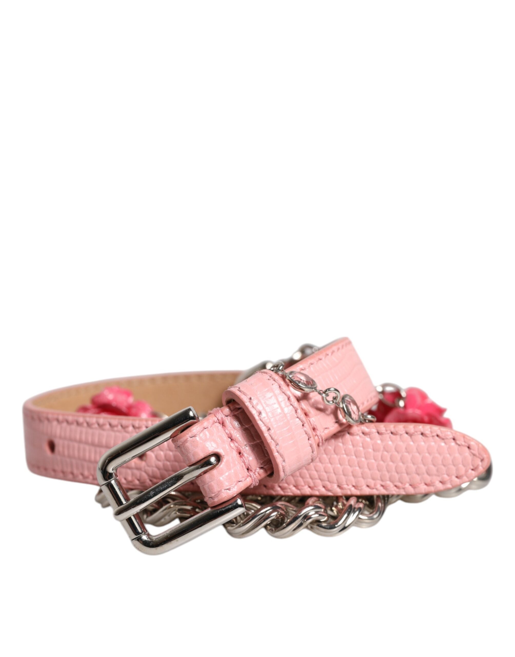 Dolce & Gabbana Pink Embelished Roses Textured Leather Belt for Women