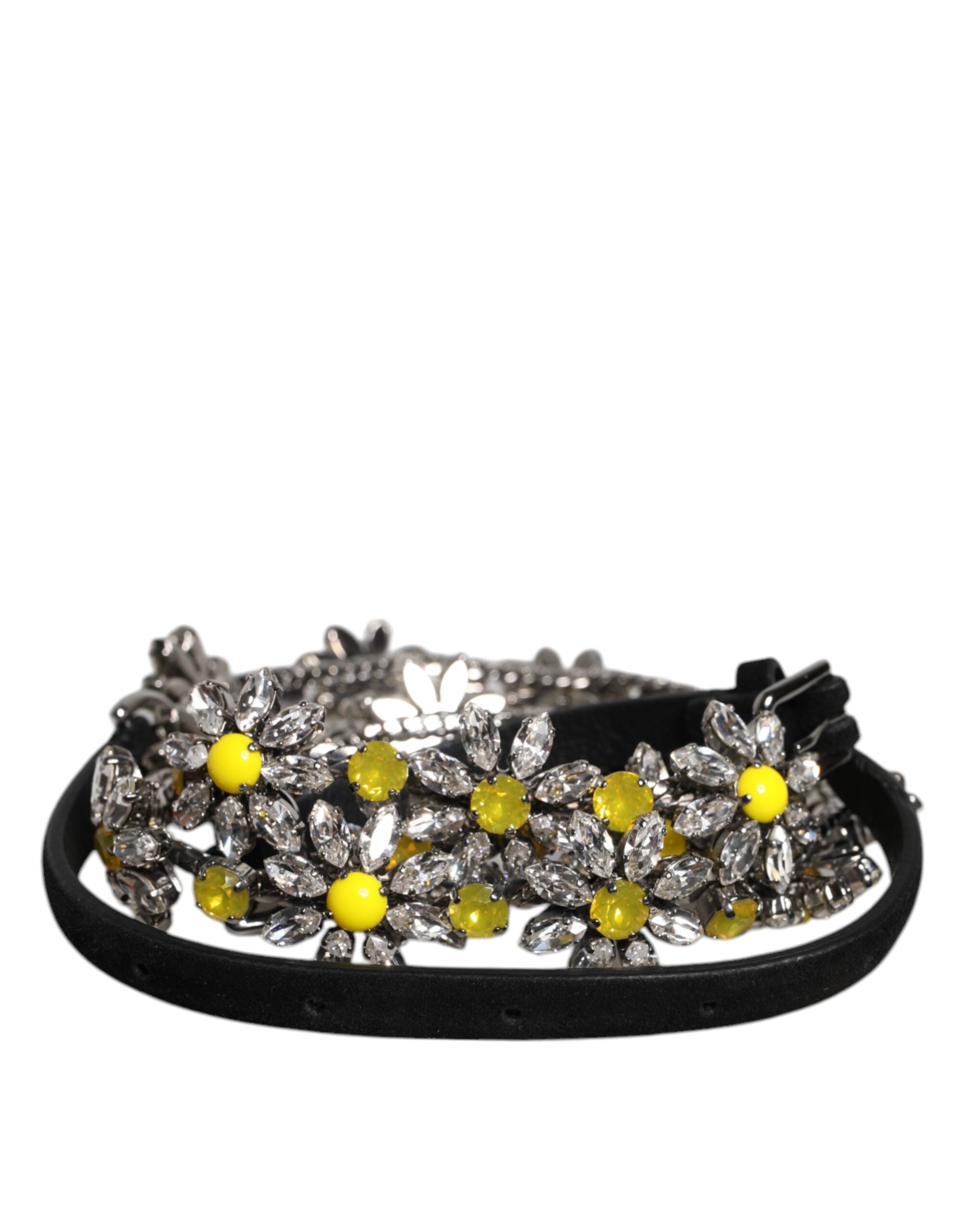 Dolce & Gabbana Black Leather Daisy Crystal Embellish Waist Belt for Women