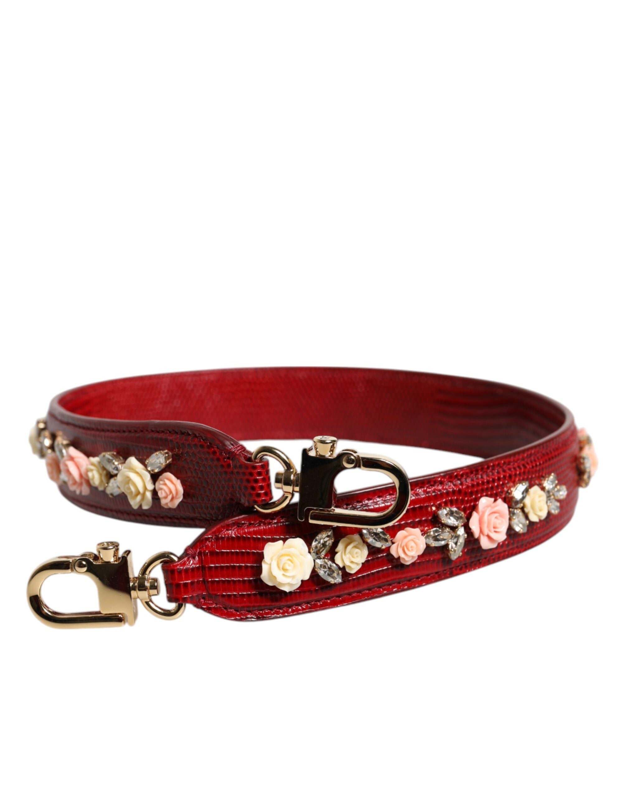 Dolce & Gabbana Red Leather Floral Embellish Bag Shoulder Strap - ACCEXO