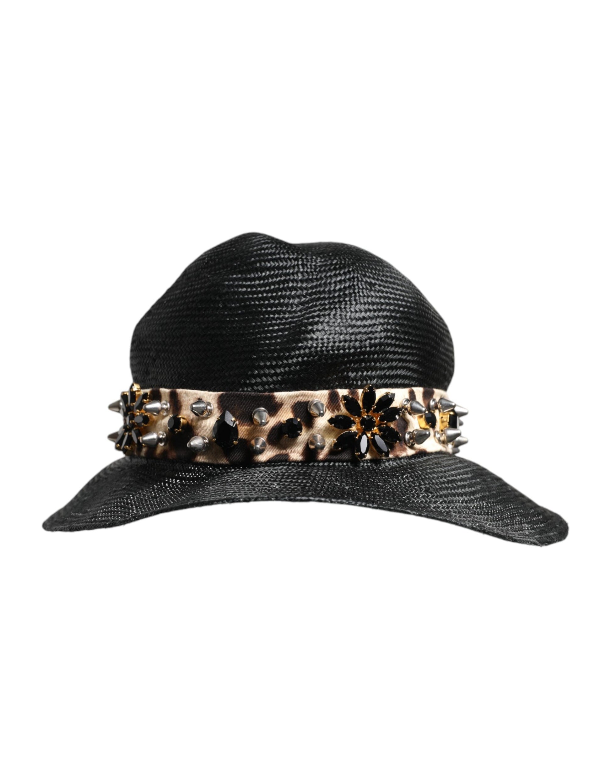 Dolce & Gabbana Black Straw Crystal Embellished Wide Brim Hat - ACCEXO