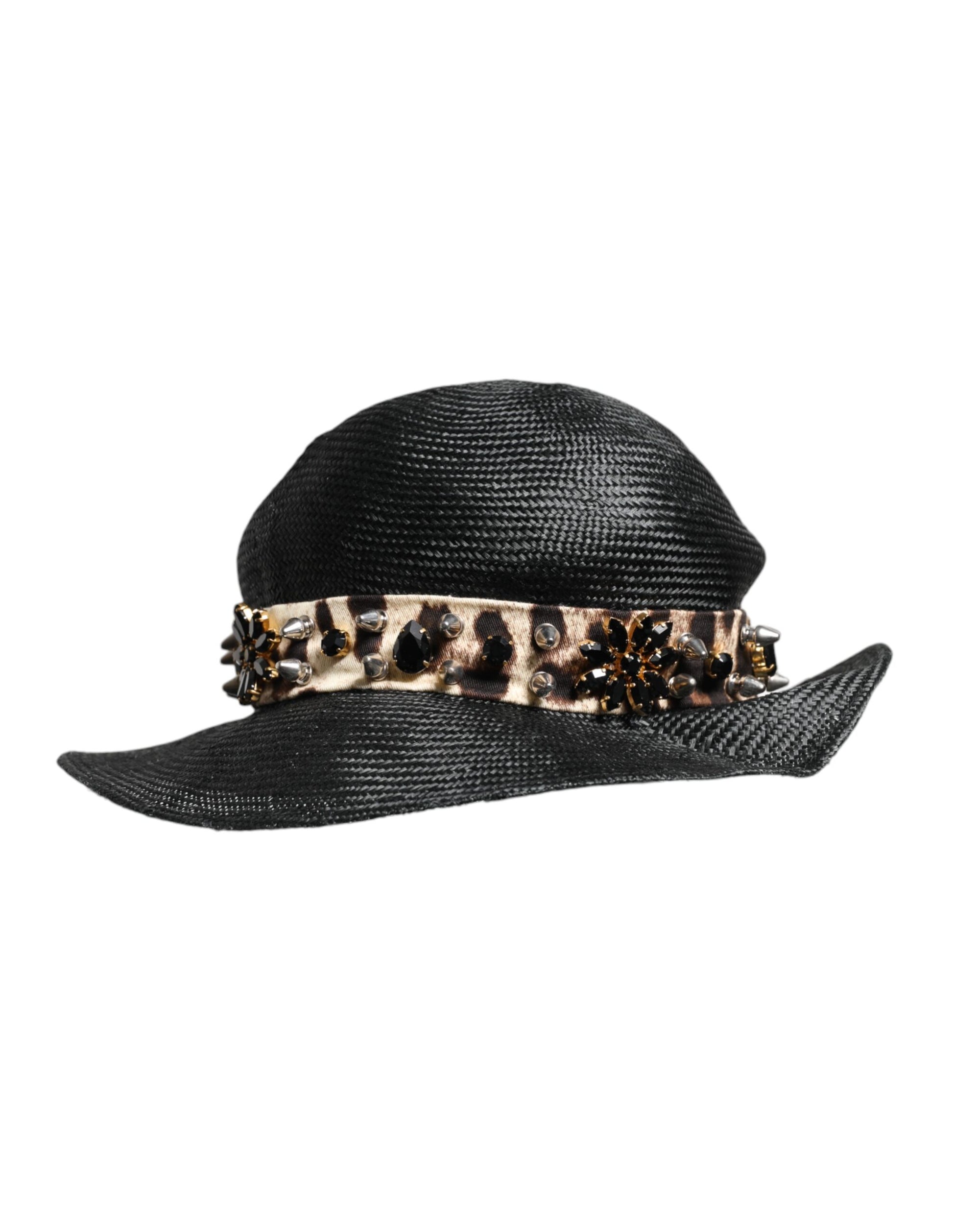 Dolce & Gabbana Black Straw Crystal Embellished Wide Brim Hat - ACCEXO