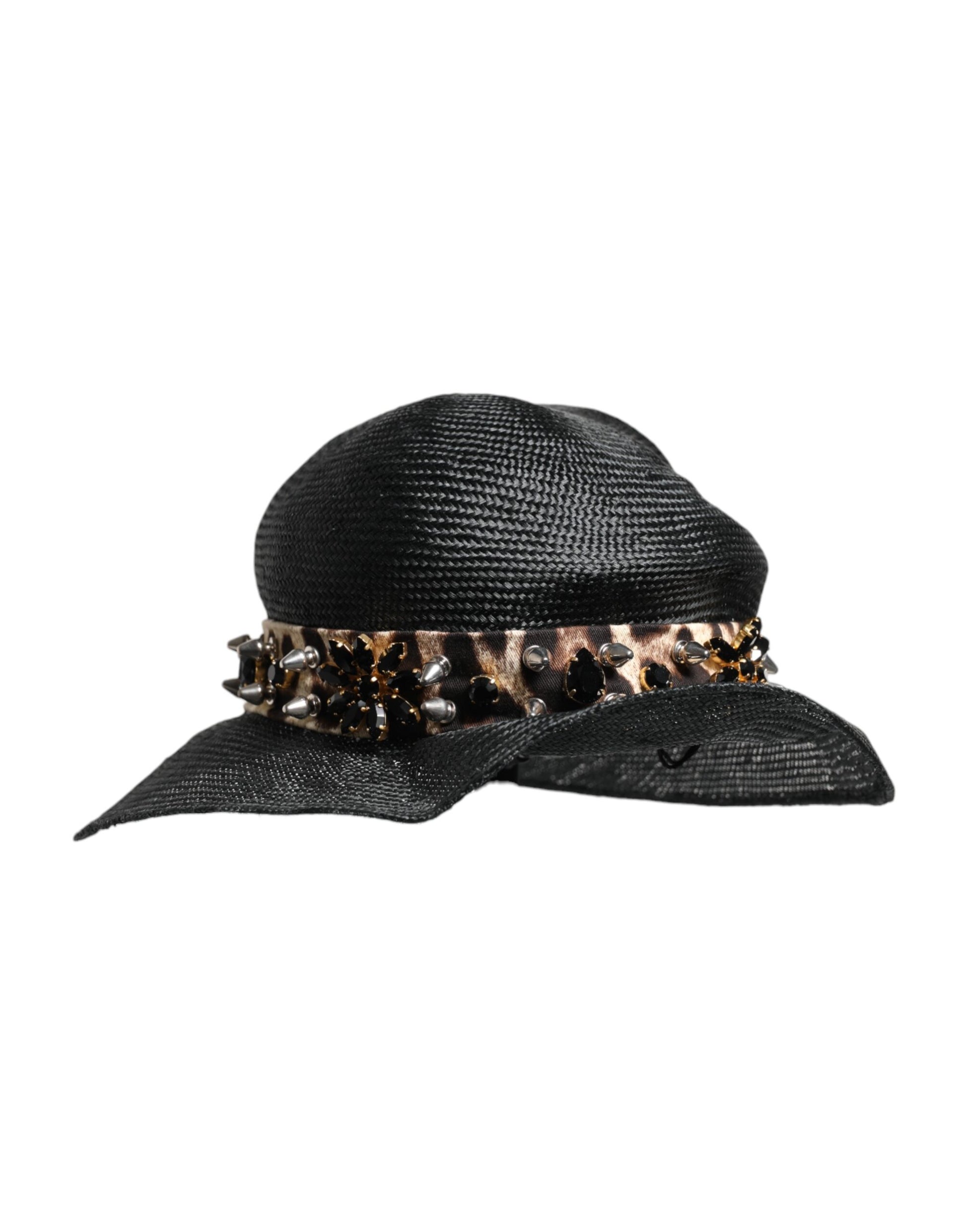 Dolce & Gabbana Black Straw Crystal Embellished Wide Brim Hat - ACCEXO