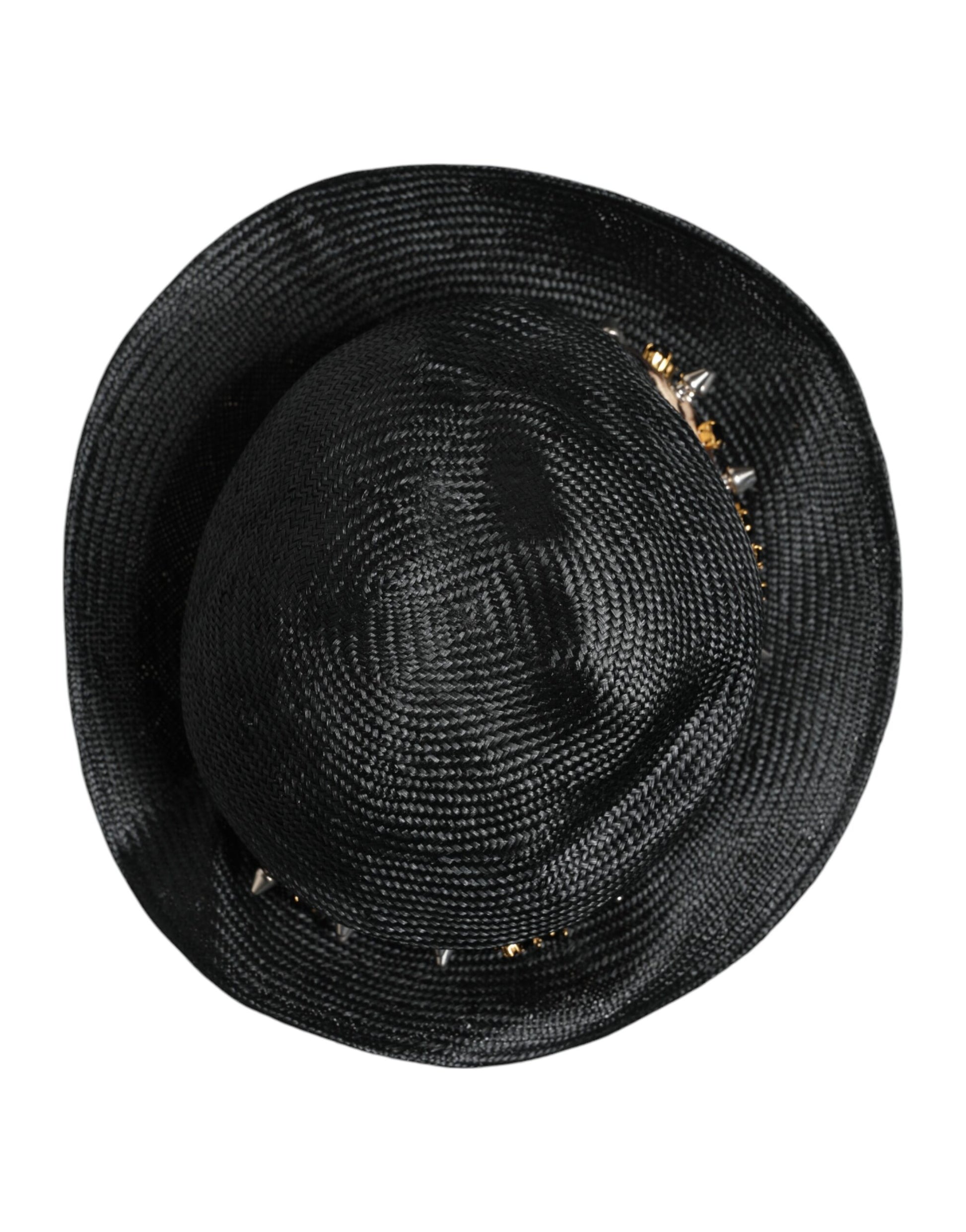 Dolce & Gabbana Black Straw Crystal Embellished Wide Brim Hat - ACCEXO