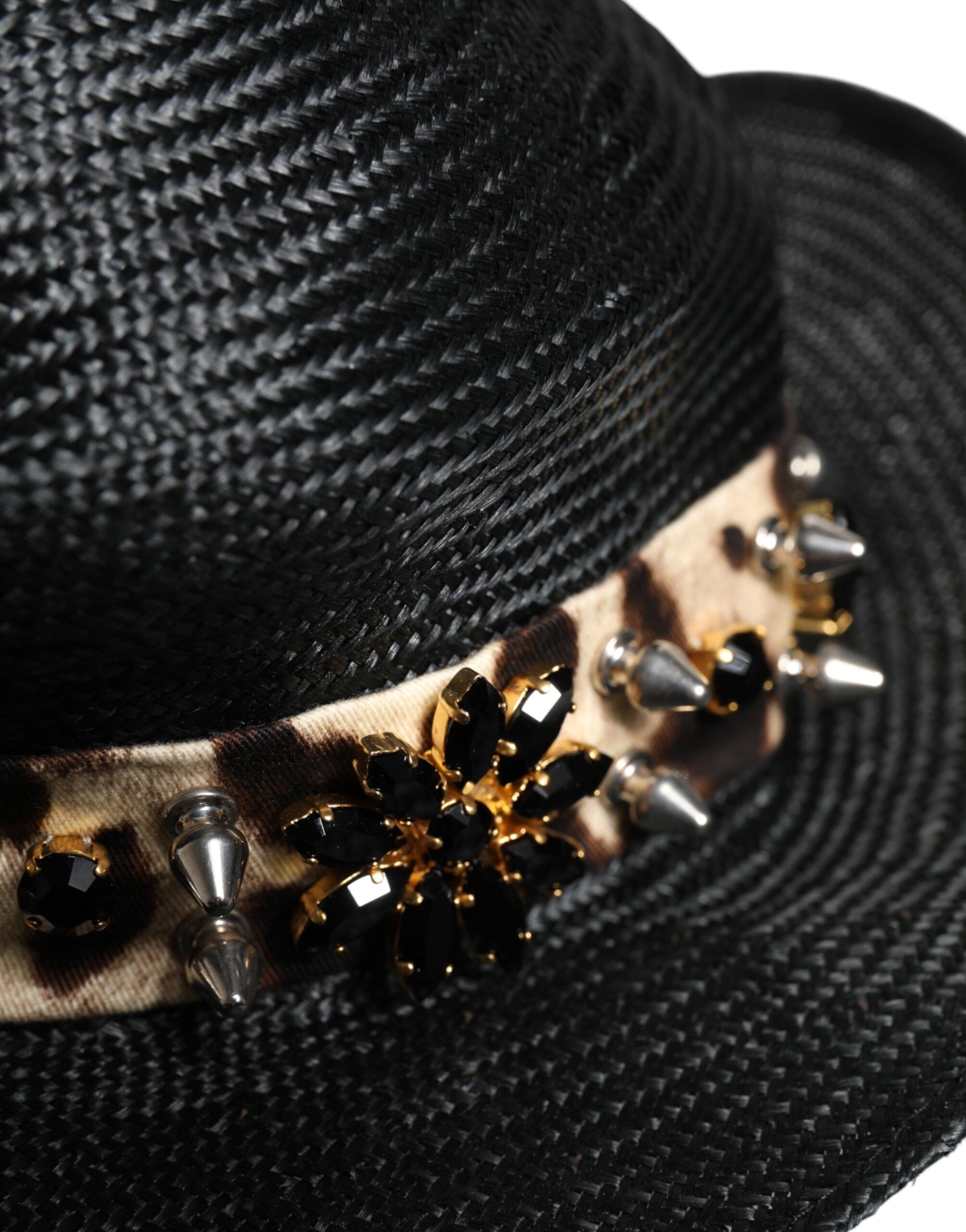 Dolce & Gabbana Black Straw Crystal Embellished Wide Brim Hat - ACCEXO