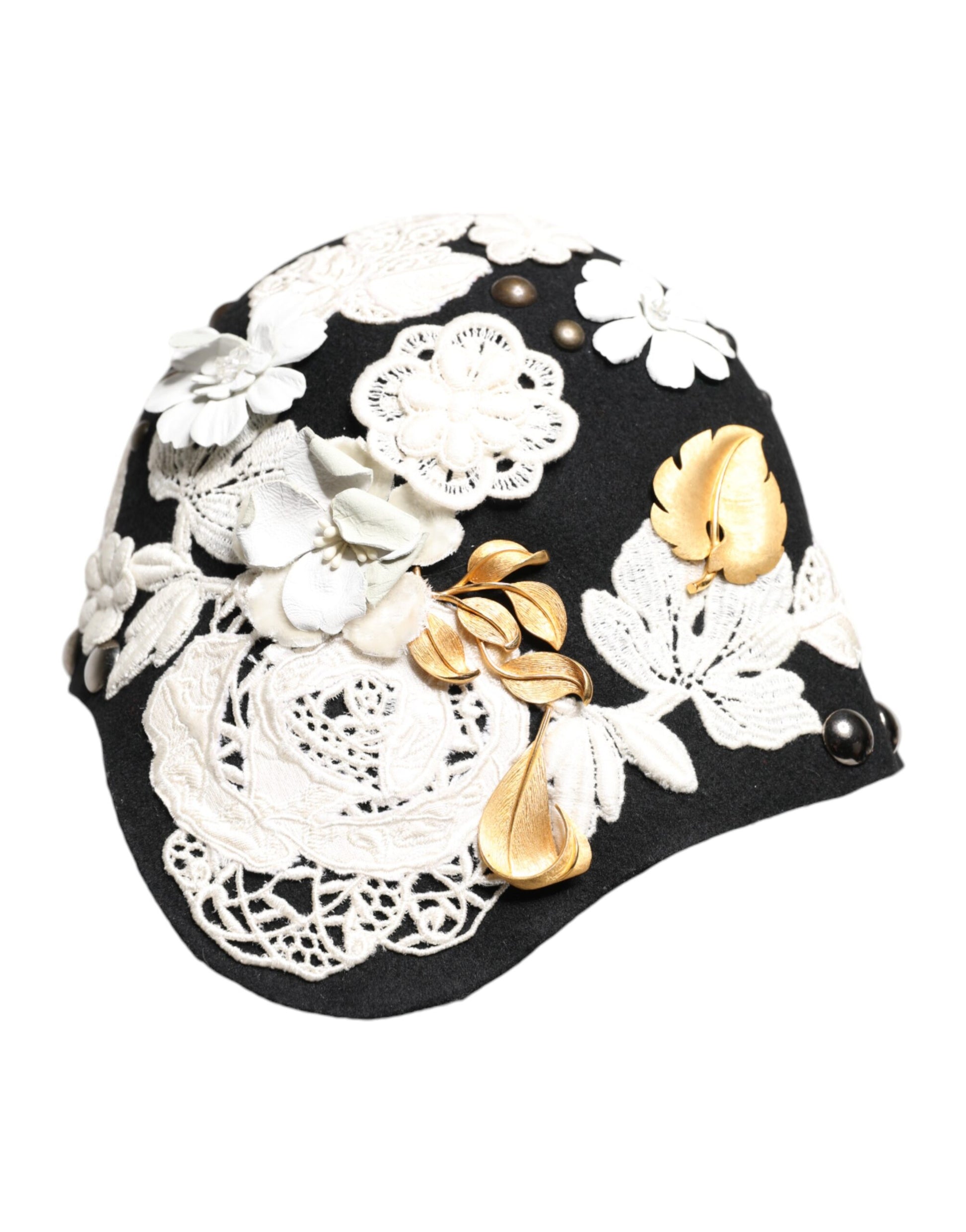 Dolce & Gabbana Black Wool White Floral Gold Leaf Cloche Hat - ACCEXO