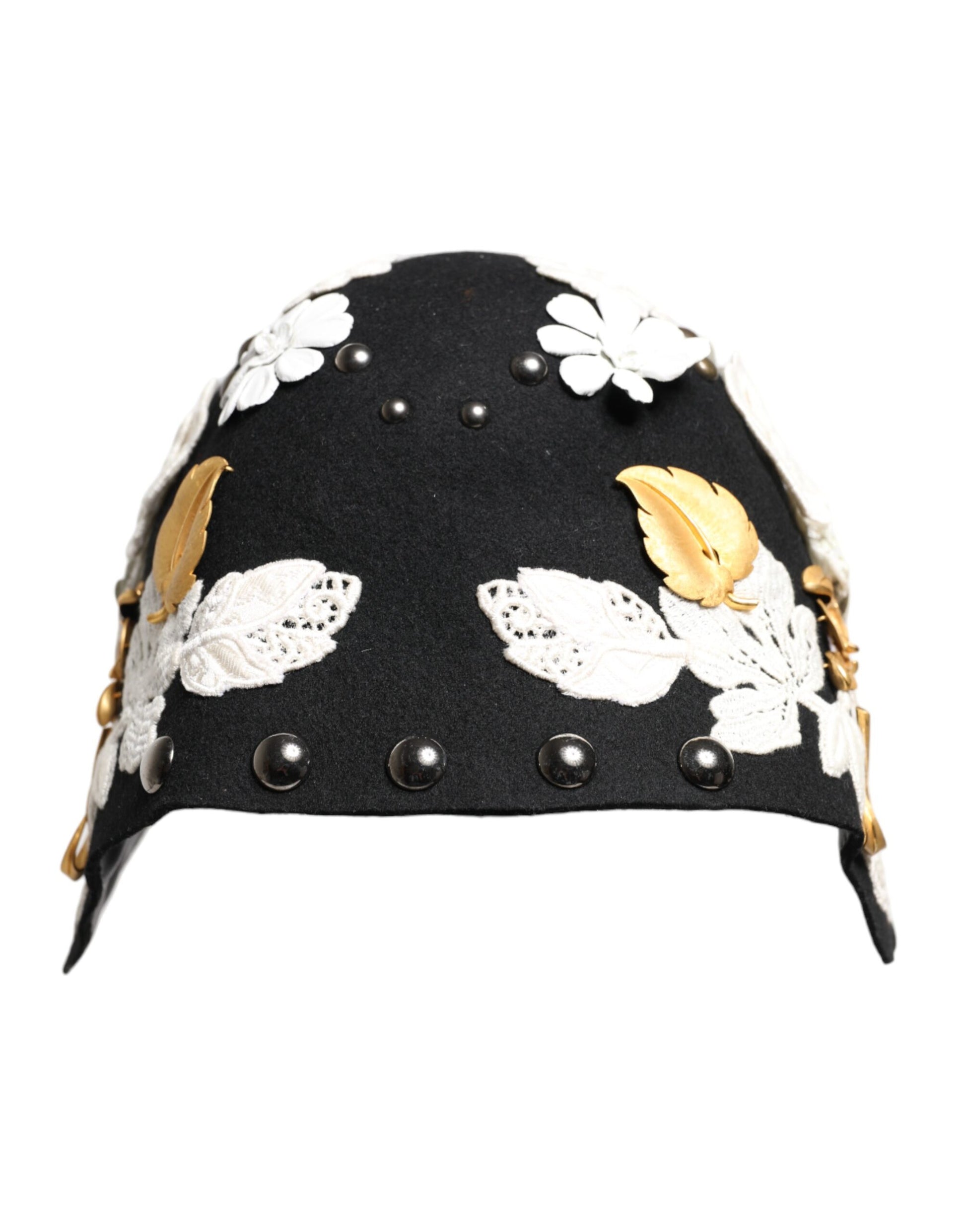 Dolce & Gabbana Black Wool White Floral Gold Leaf Cloche Hat - ACCEXO