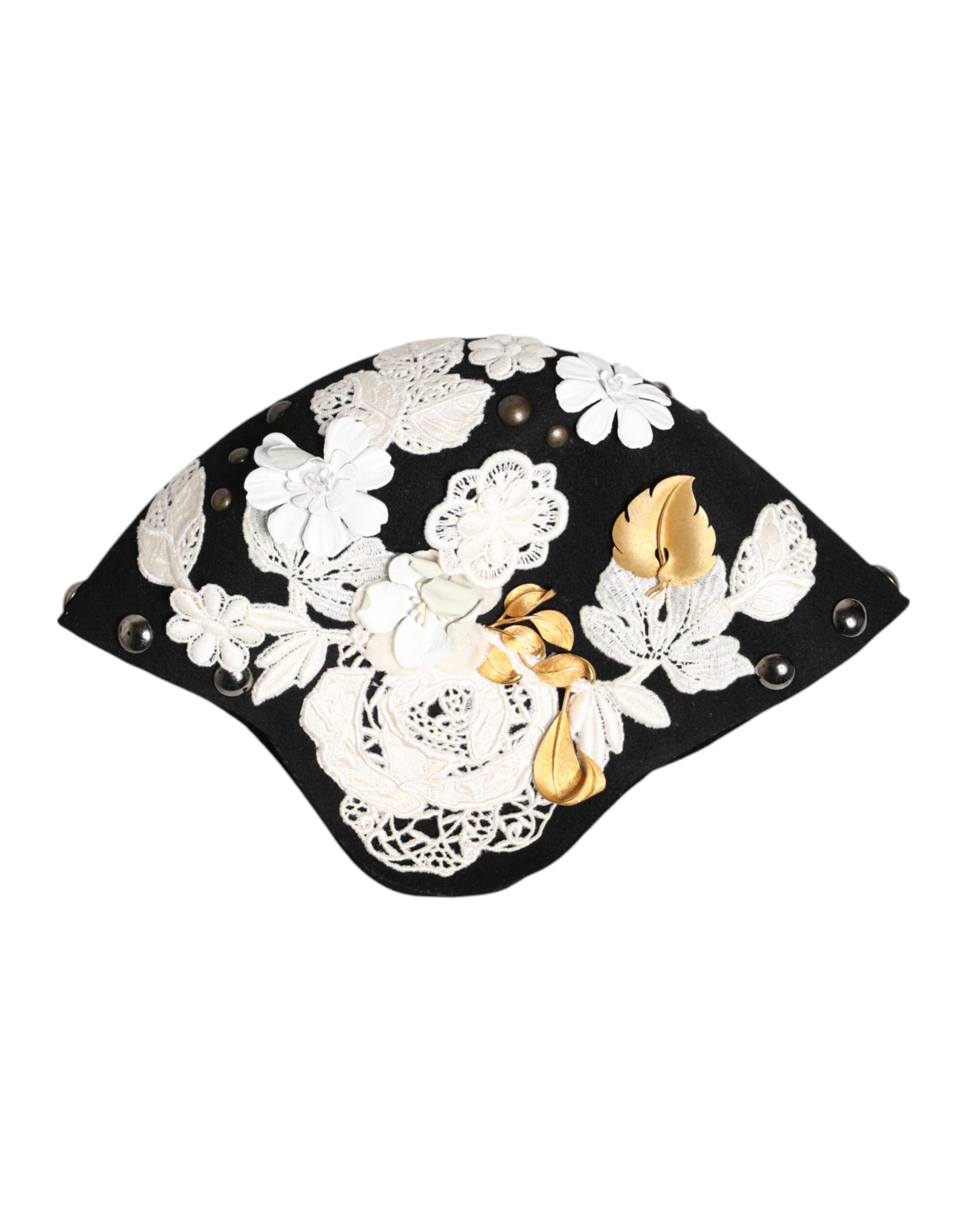 Dolce & Gabbana Black Wool White Floral Gold Leaf Cloche Hat - ACCEXO