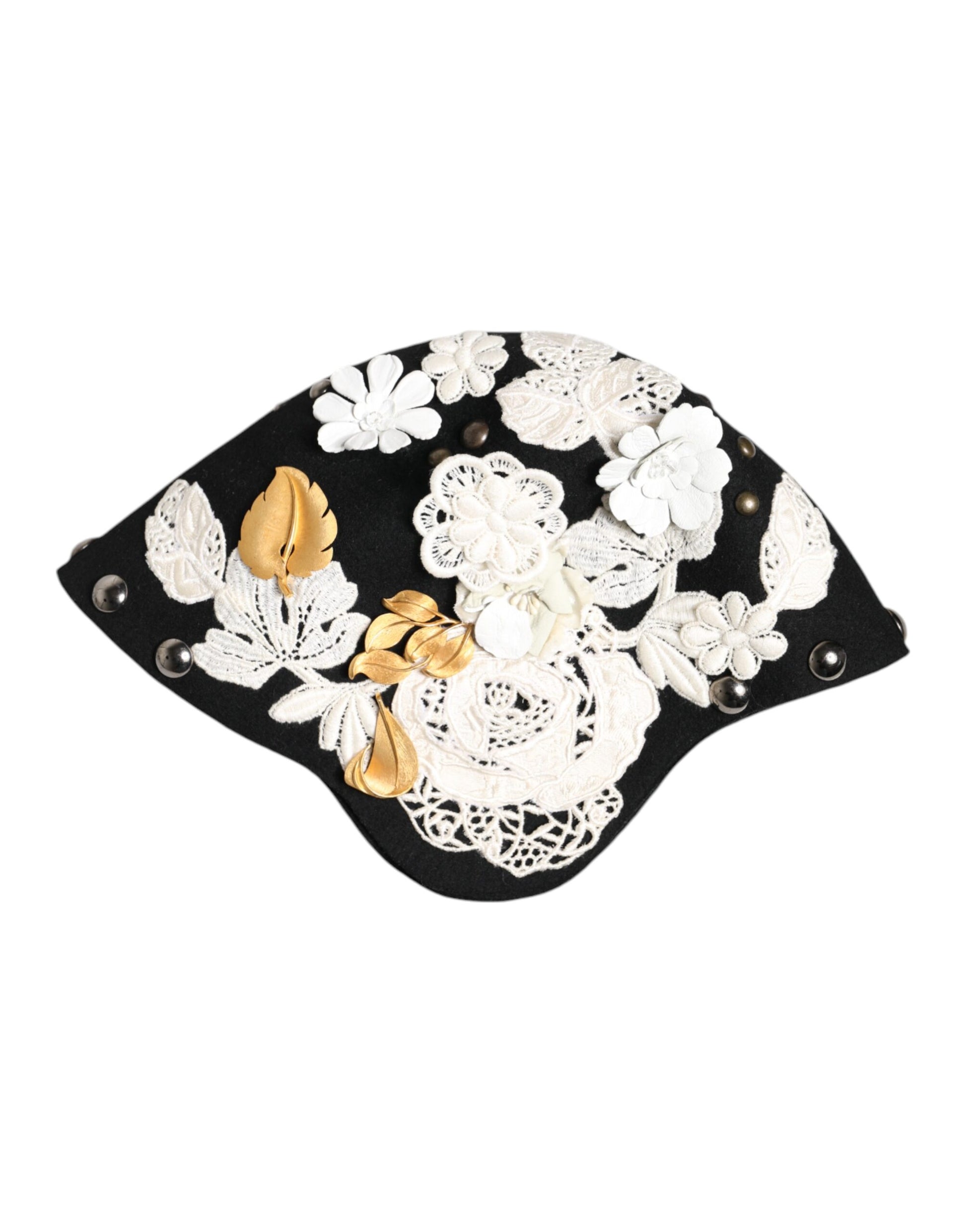 Dolce & Gabbana Black Wool White Floral Gold Leaf Cloche Hat - ACCEXO