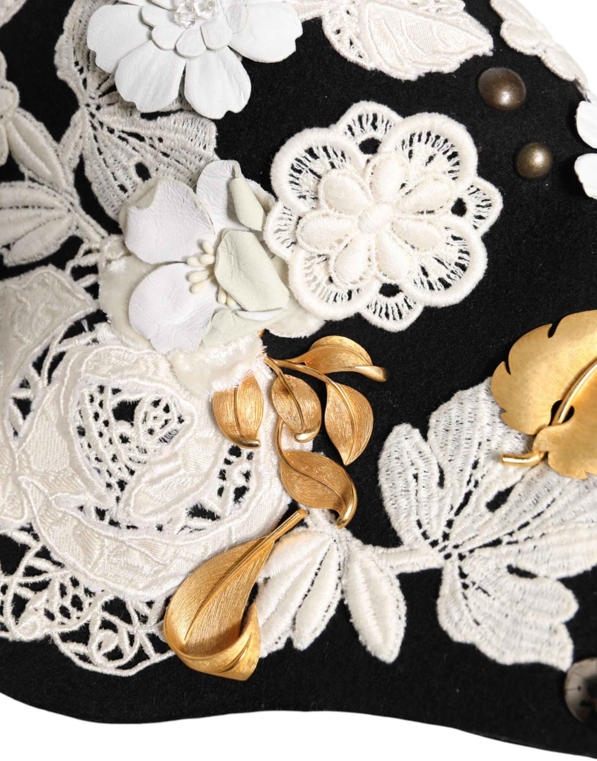 Dolce & Gabbana Black Wool White Floral Gold Leaf Cloche Hat - ACCEXO