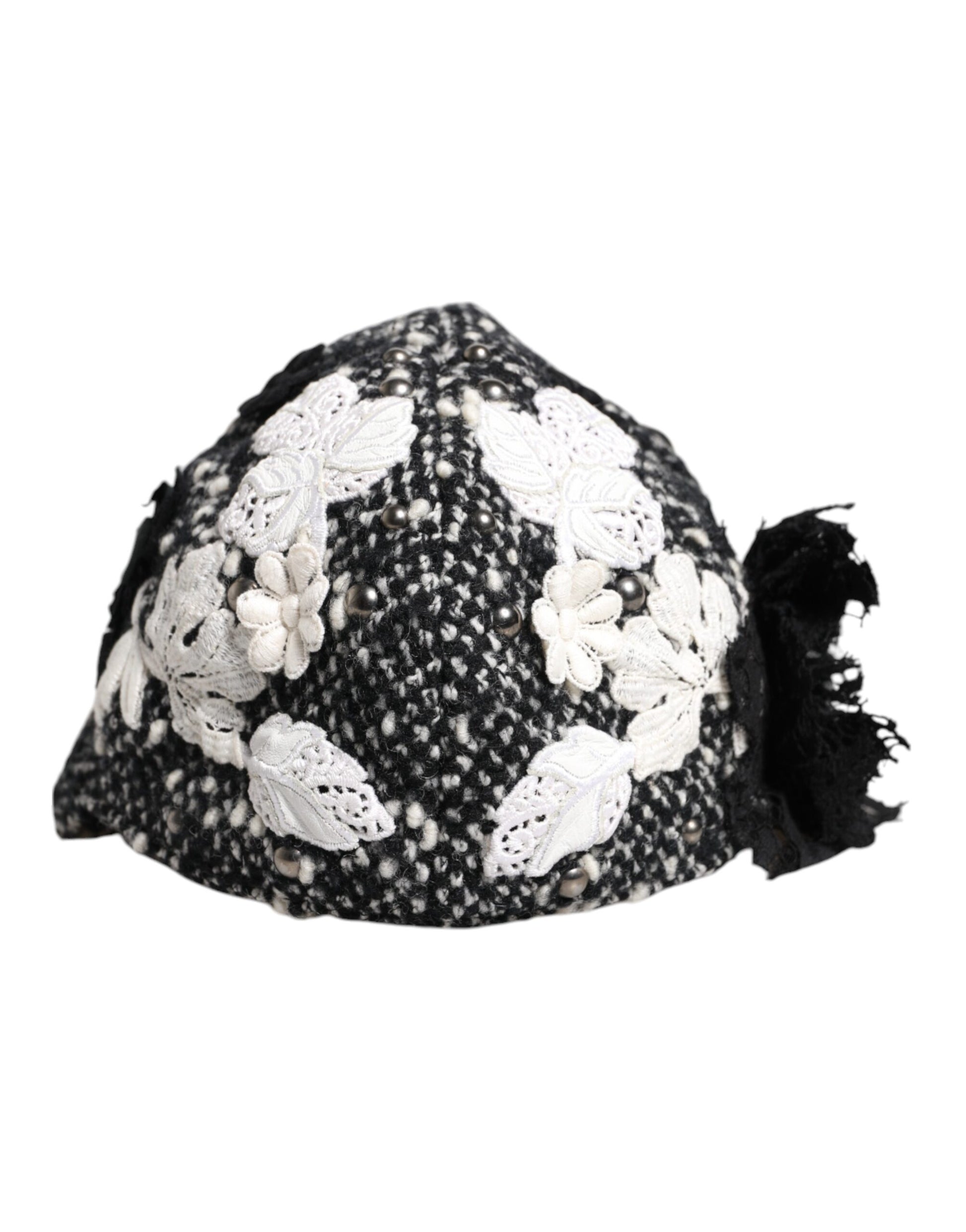 Dolce & Gabbana Black Wool White Floral Embellished Cloche Hat - ACCEXO