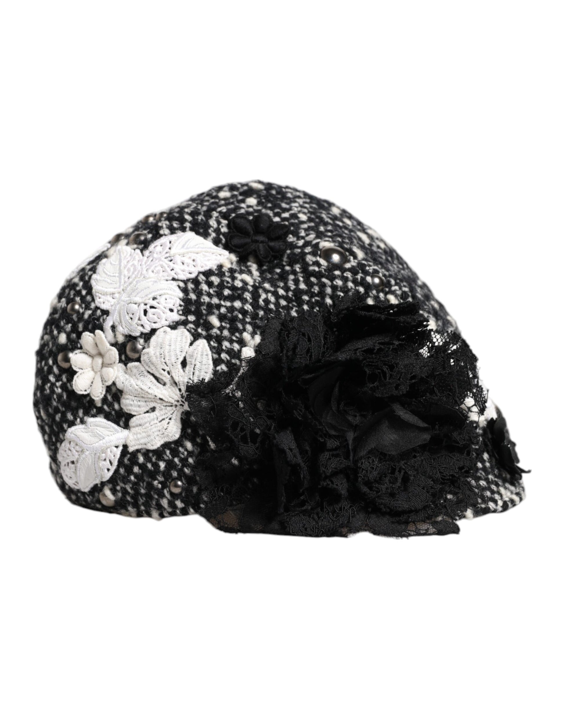 Dolce & Gabbana Black Wool White Floral Embellished Cloche Hat - ACCEXO