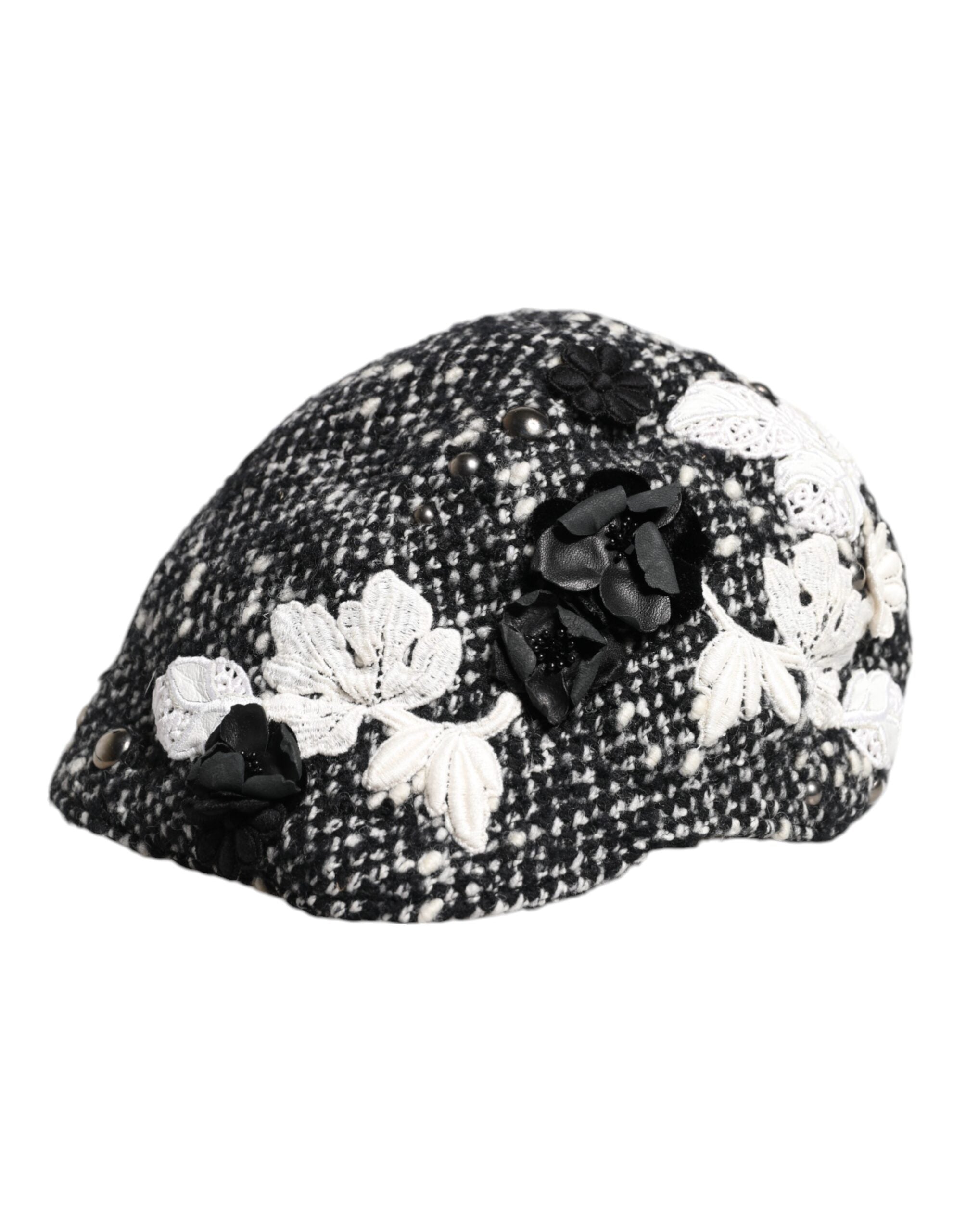 Dolce & Gabbana Black Wool White Floral Embellished Cloche Hat - ACCEXO