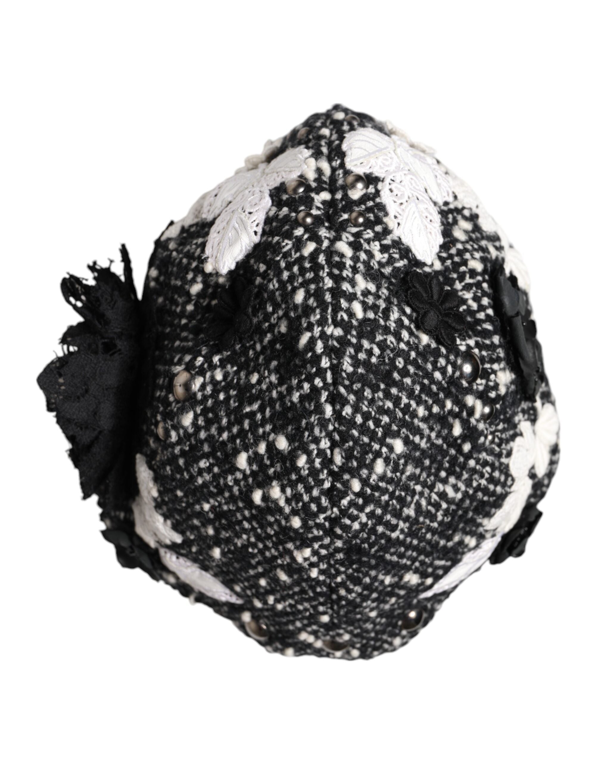 Dolce & Gabbana Black Wool White Floral Embellished Cloche Hat - ACCEXO