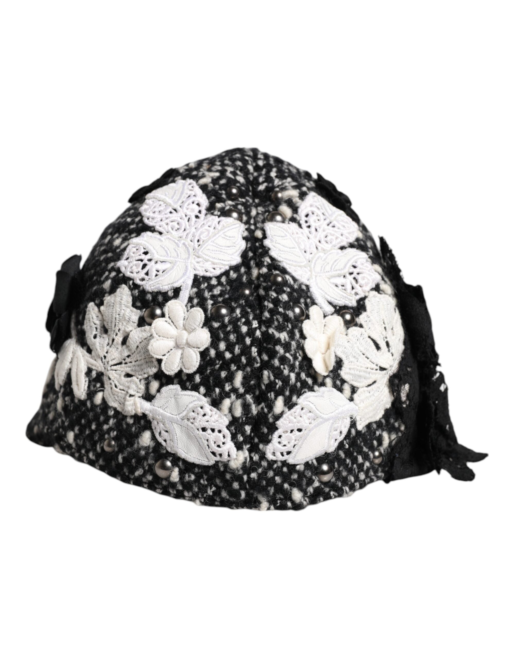 Dolce & Gabbana Black Wool White Floral Embellished Cloche Hat for Women