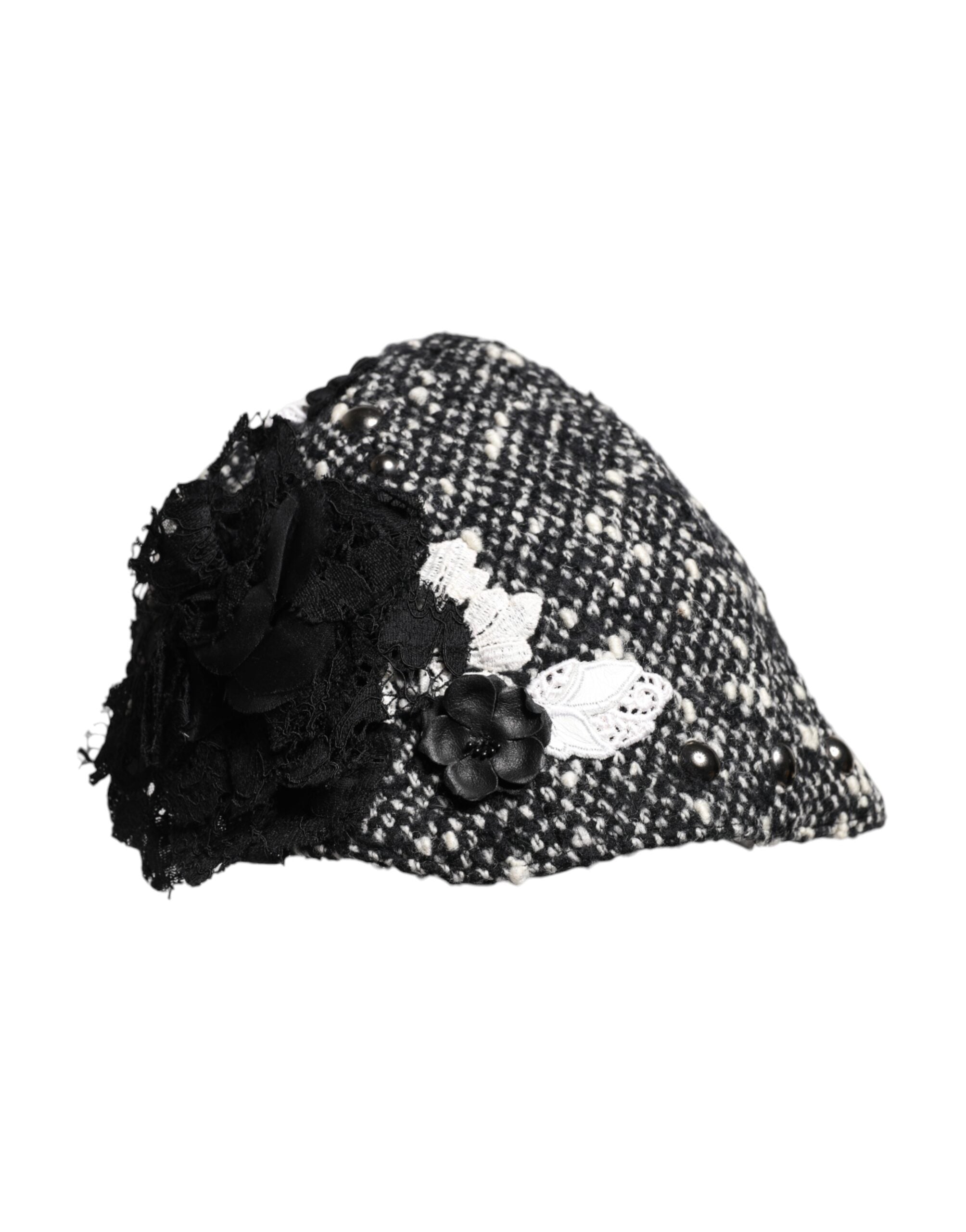 Dolce & Gabbana Black Wool White Floral Embellished Cloche Hat for Women