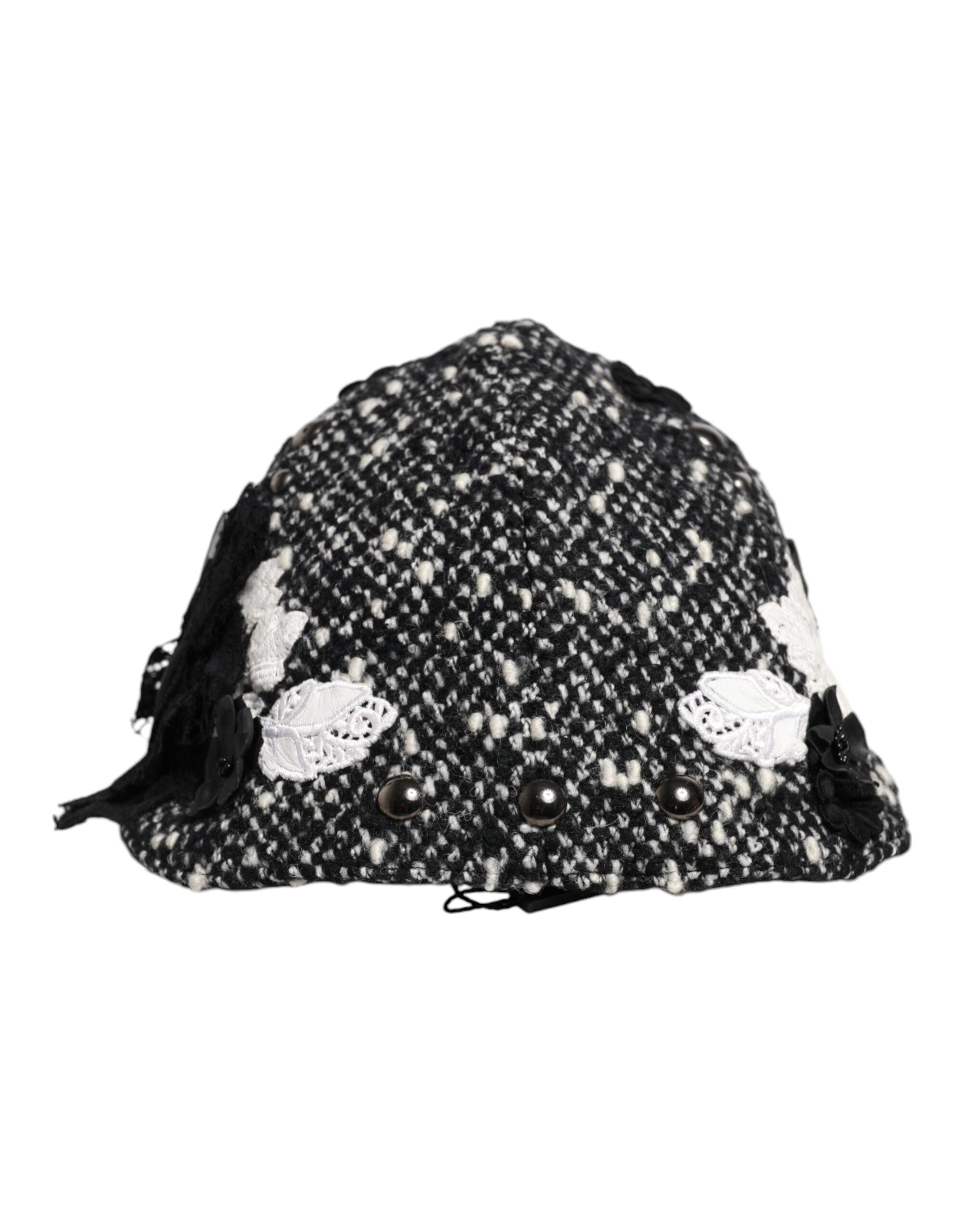 Dolce & Gabbana Black Wool White Floral Embellished Cloche Hat for Women