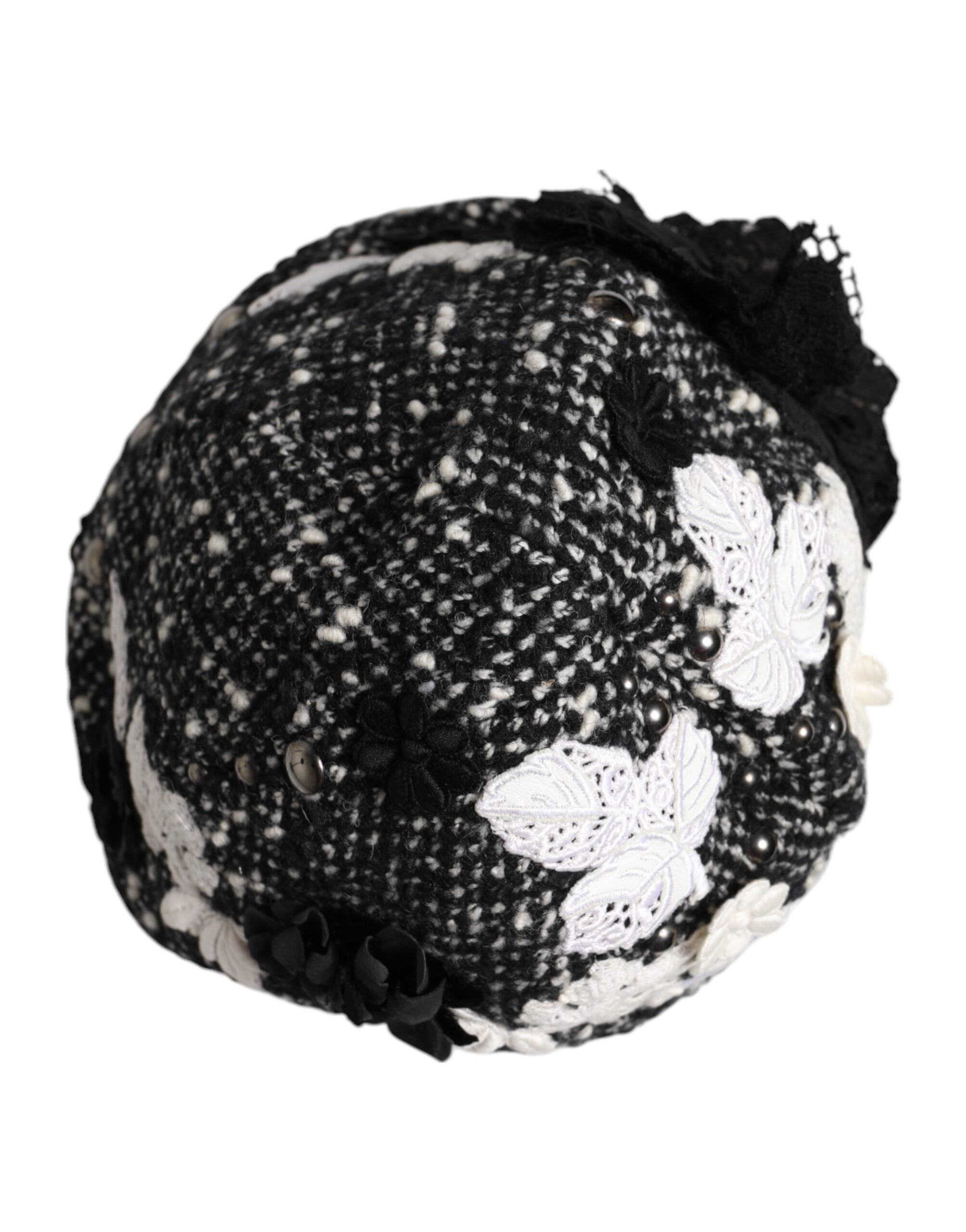 Dolce & Gabbana Black Wool White Floral Embellished Cloche Hat for Women