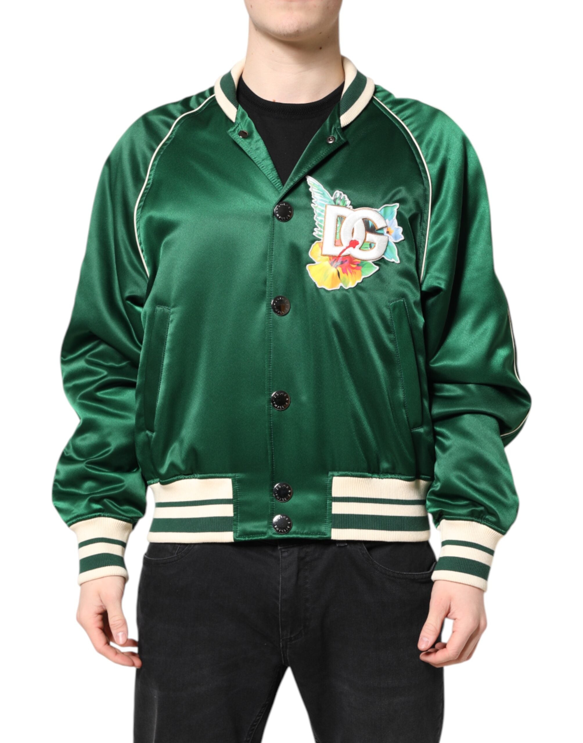Dolce & Gabbana Green Floral DG Logo Full Zip Bomber Jacket - ACCEXO Main image