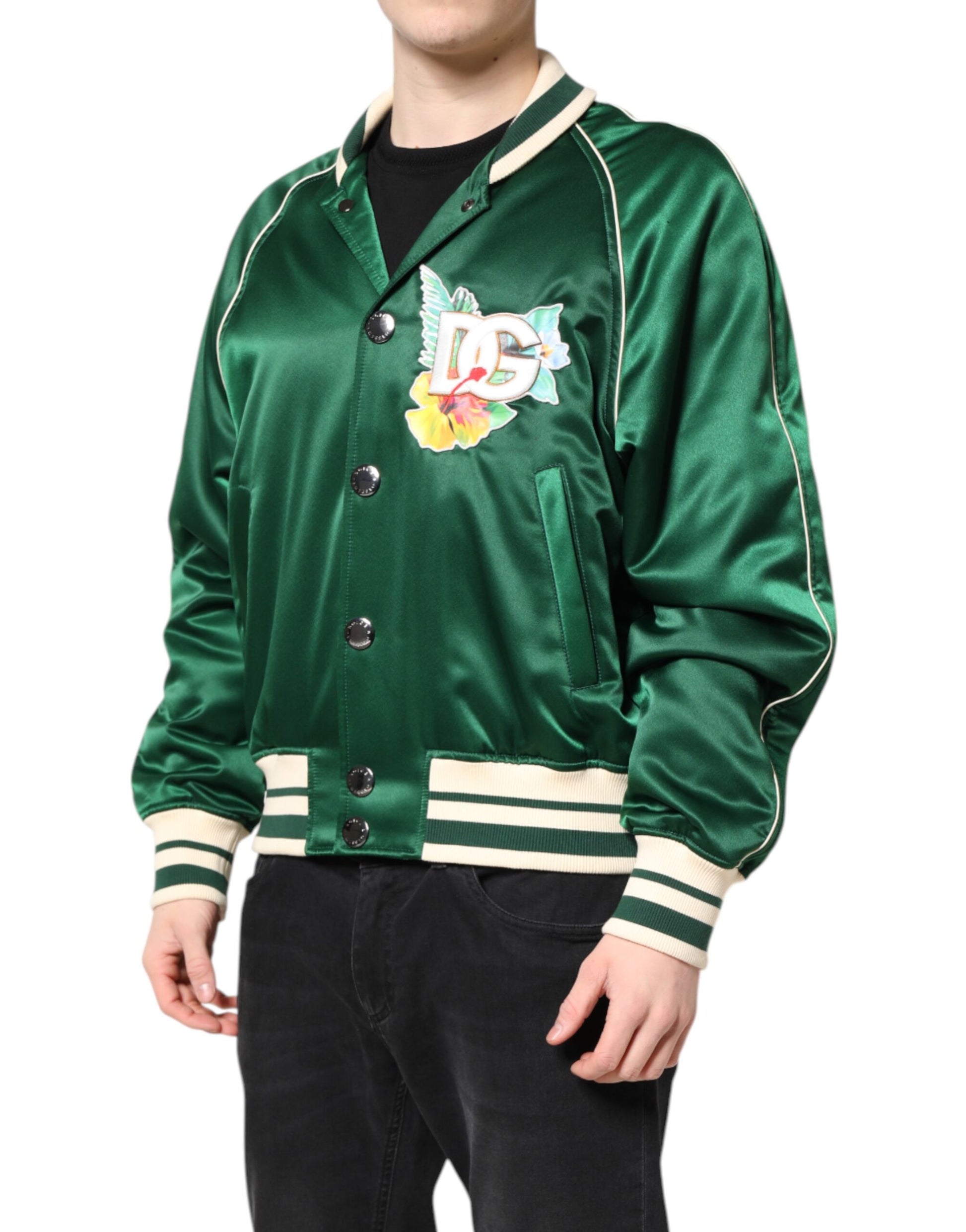 Dolce & Gabbana Green Floral DG Logo Full Zip Bomber Jacket - ACCEXO
