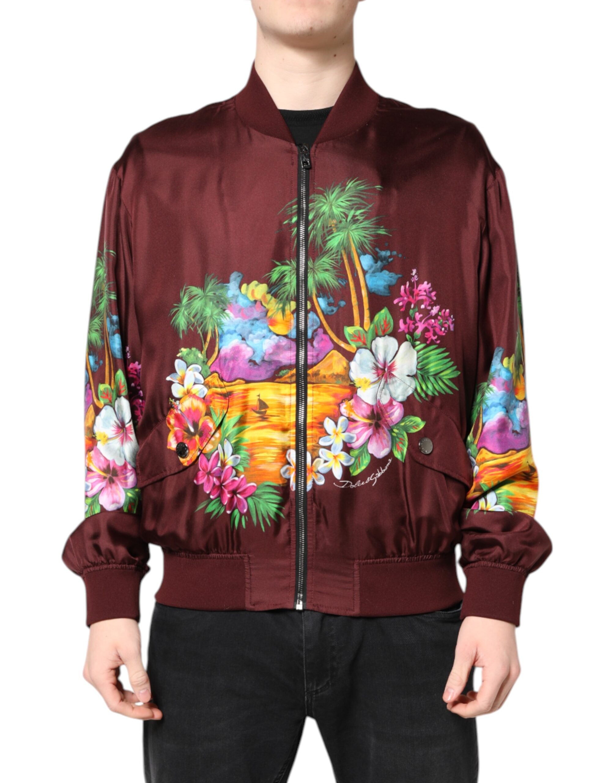 Dolce & Gabbana Maroon Floral Print Full Zip Bomber Jacket - ACCEXO Main image