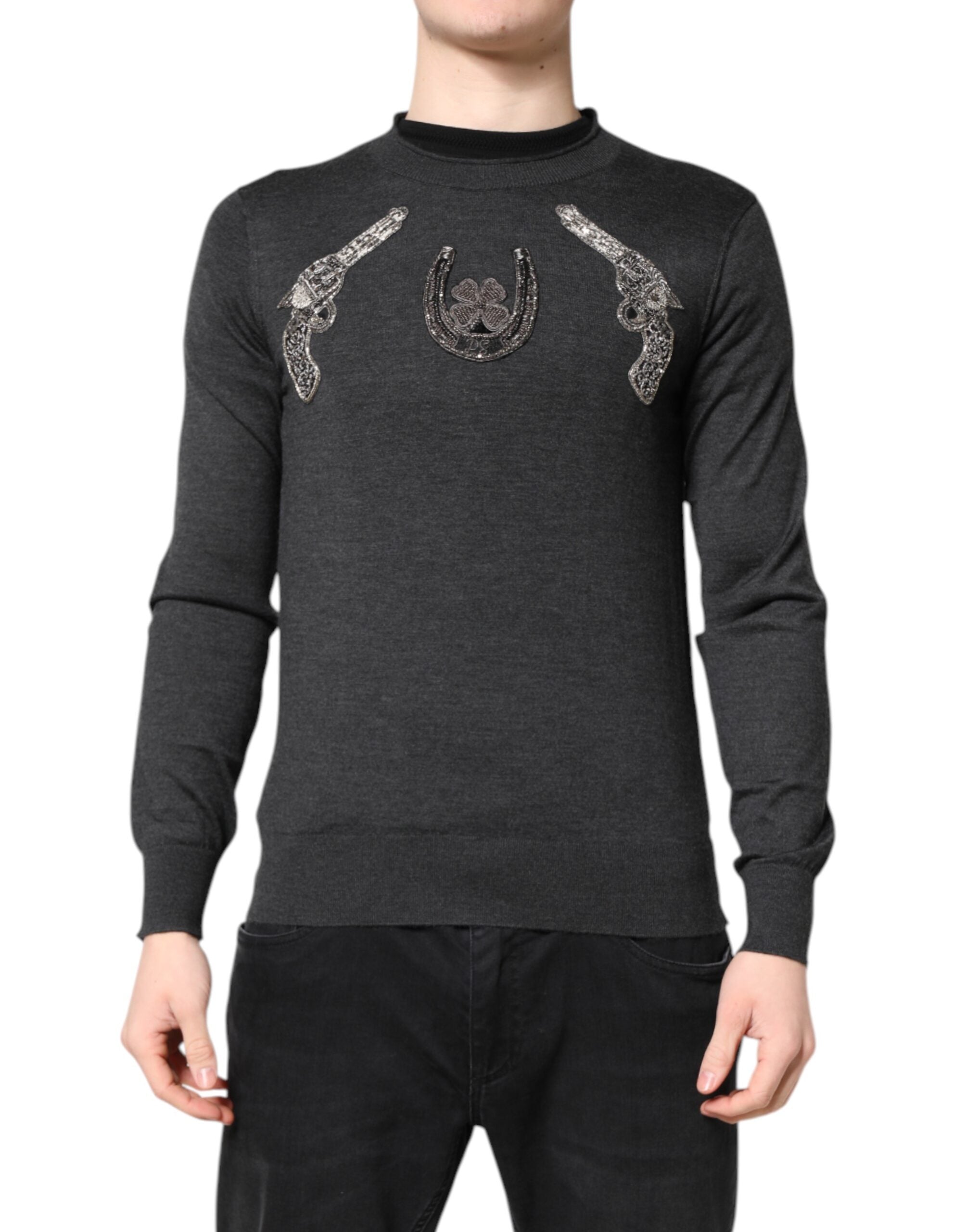 Dolce & Gabbana Gray Embroidery Knit Men Pullover Sweater - ACCEXO