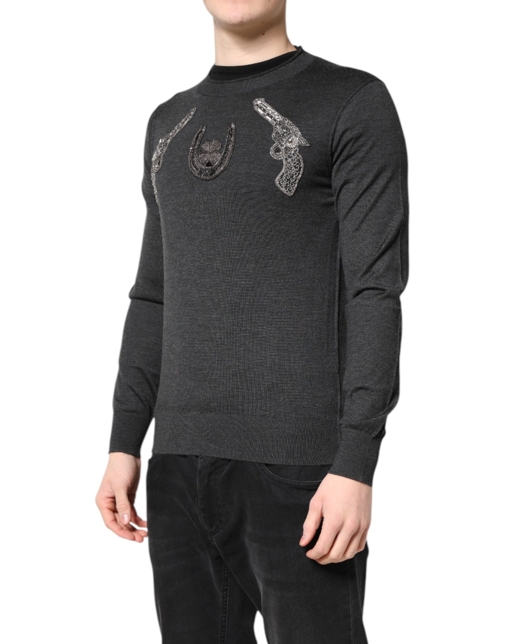 Dolce & Gabbana Gray Embroidery Knit Men Pullover Sweater - ACCEXO